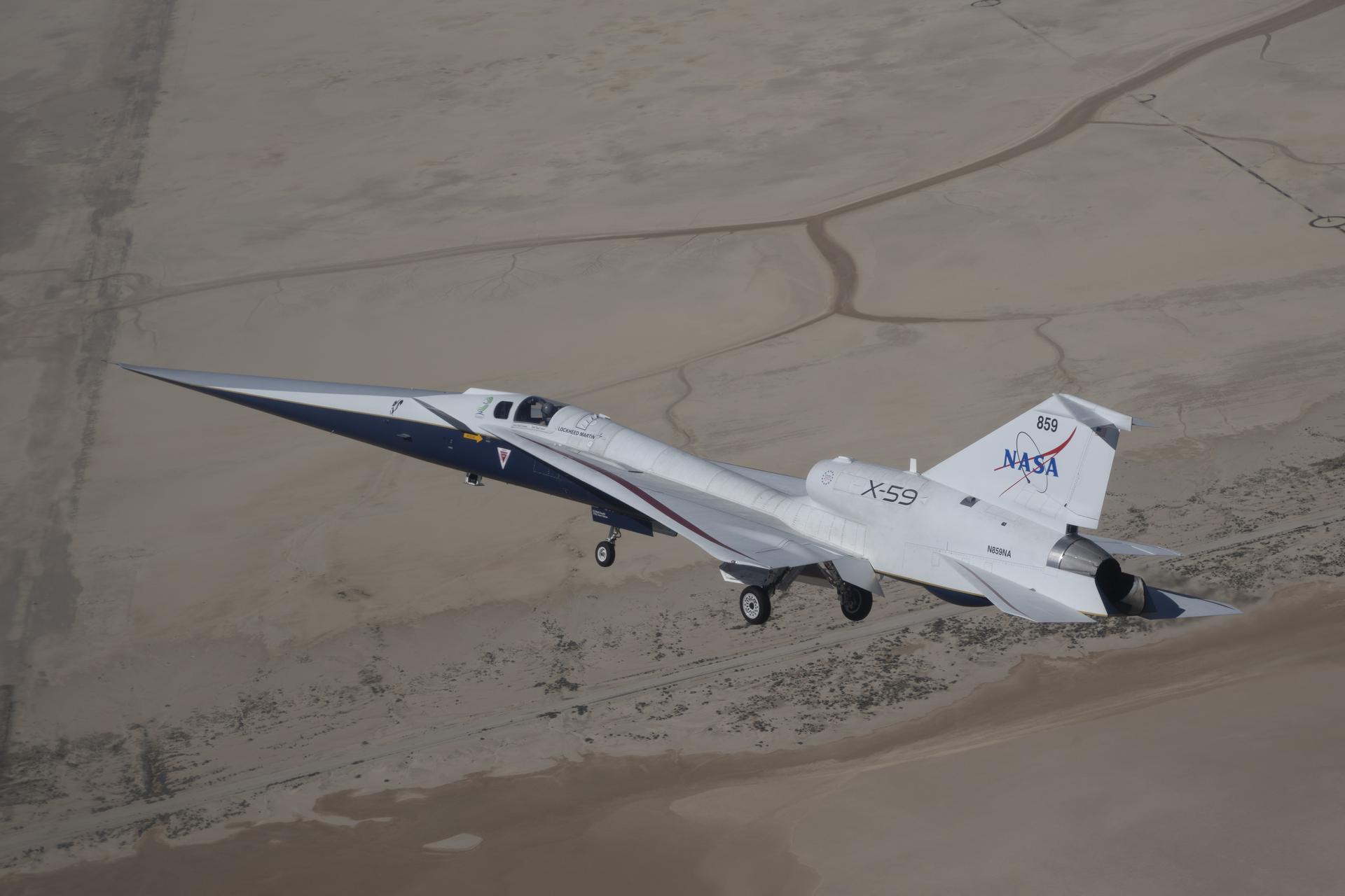 NASA’s X-59 quiet supersonic aircraft flies its second flight Friday, March 20, 2026, near NASA’s Armstrong Flight Research Center in Edwards, California. The X-59 is central to NASA’s Quesst mission, which aims to demonstrate quiet supersonic flight by reducing the loud sonic boom to a softer sonic “thump,” potentially enabling faster commercial air travel over land.