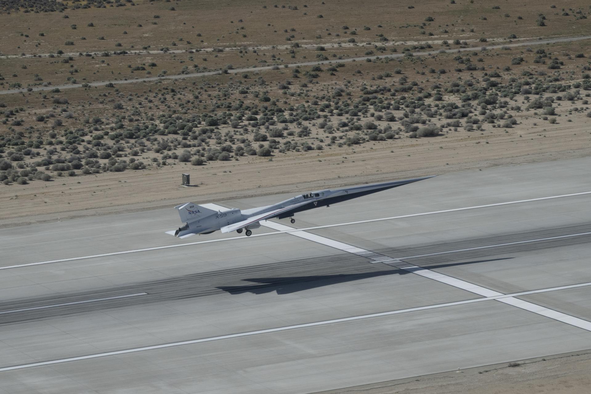 NASA’s X-59 quiet supersonic research aircraft takes off from Edwards Air Force Base near NASA’s Armstrong Flight Research Center in Edwards, California, on Thursday, March 26, 2026. The flight supports NASA’s Quesst mission to demonstrate supersonic flight that produces a quieter sonic “thump” instead of a loud sonic boom.
