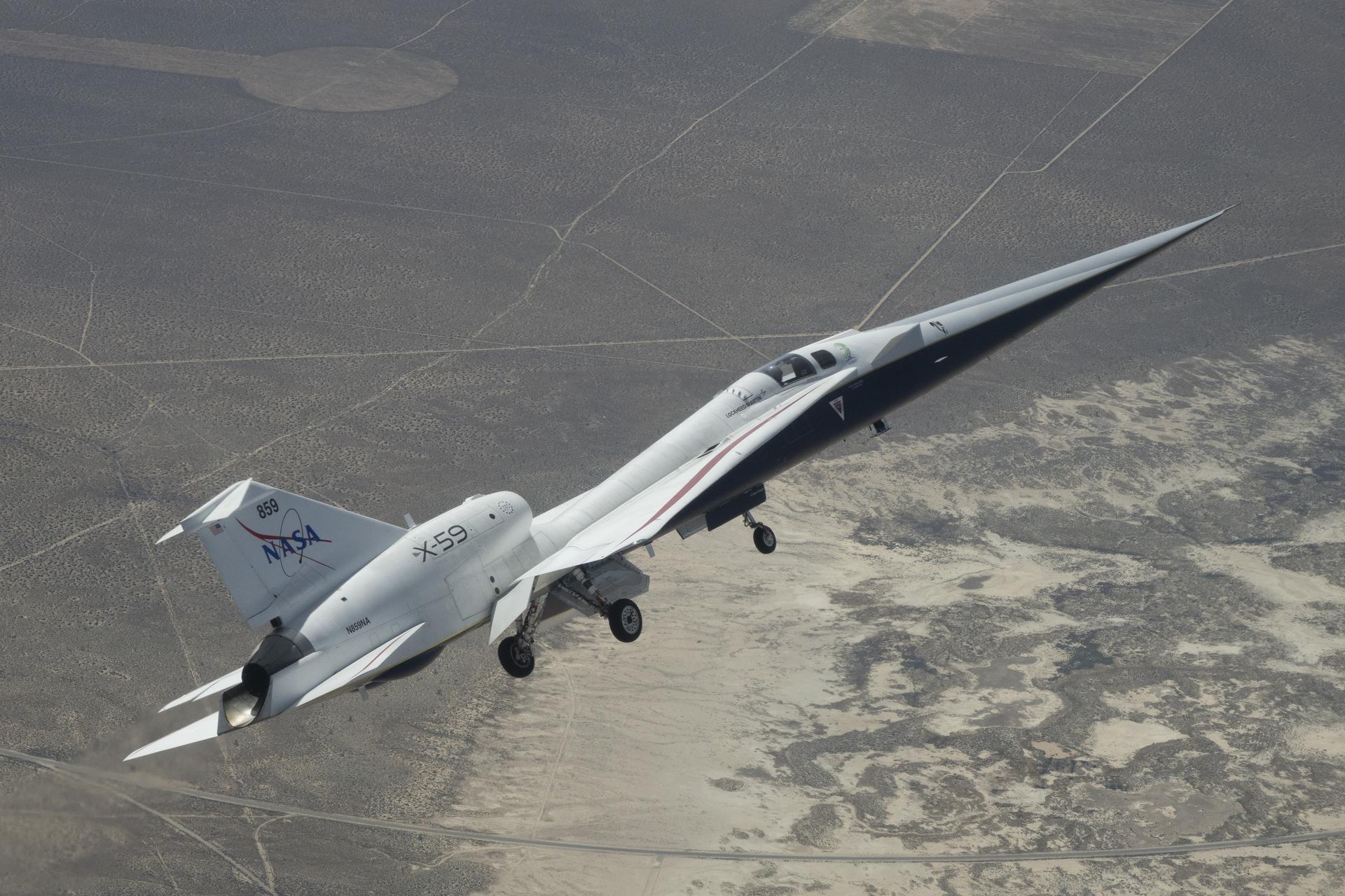 NASA’s X-59 quiet supersonic jet flies over the Mojave Desert during its third flight on Thursday, March 26, 2026, from NASA’s Armstrong Flight Research Center in Edwards, California. The aircraft departed and landed at Edwards Air Force Base, completing its approximate one-hour flight and providing the team with significant data for future flights.