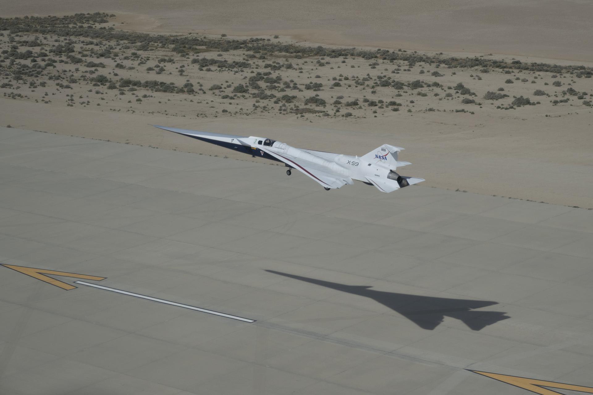 NASA’s X-59 quiet supersonic research aircraft approaches landing at Edwards Air Force Base in California on Thursday, March 26, 2026. The flight supports NASA’s Quesst mission to demonstrate supersonic flight that produces a quieter sonic “thump” instead of a loud sonic boom.