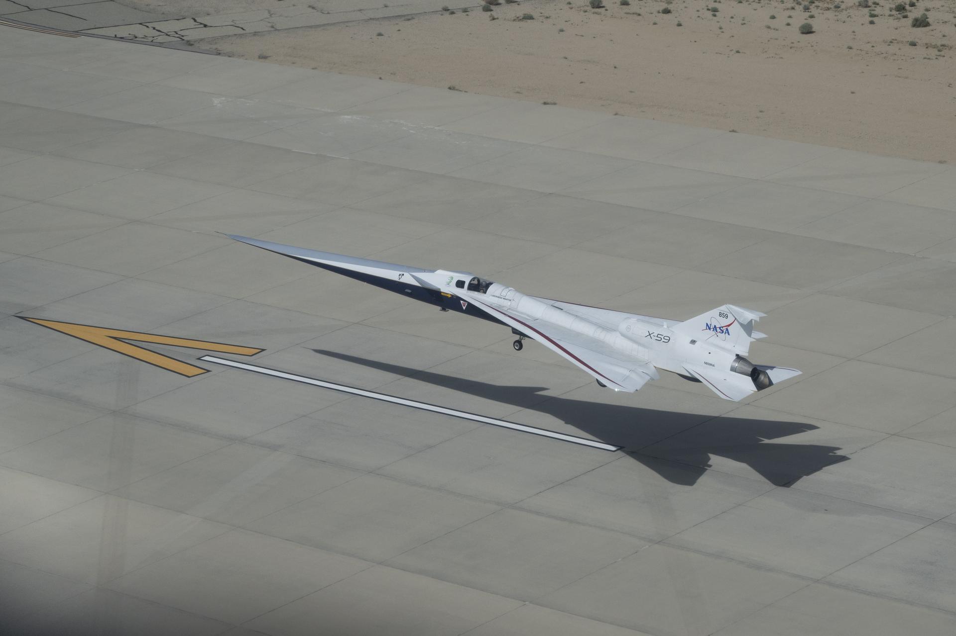 NASA’s X-59 quiet supersonic research aircraft approaches landing at Edwards Air Force Base in California on Thursday, March 26, 2026. The flight supports NASA’s Quesst mission to demonstrate supersonic flight that produces a quieter sonic “thump” instead of a loud sonic boom.
