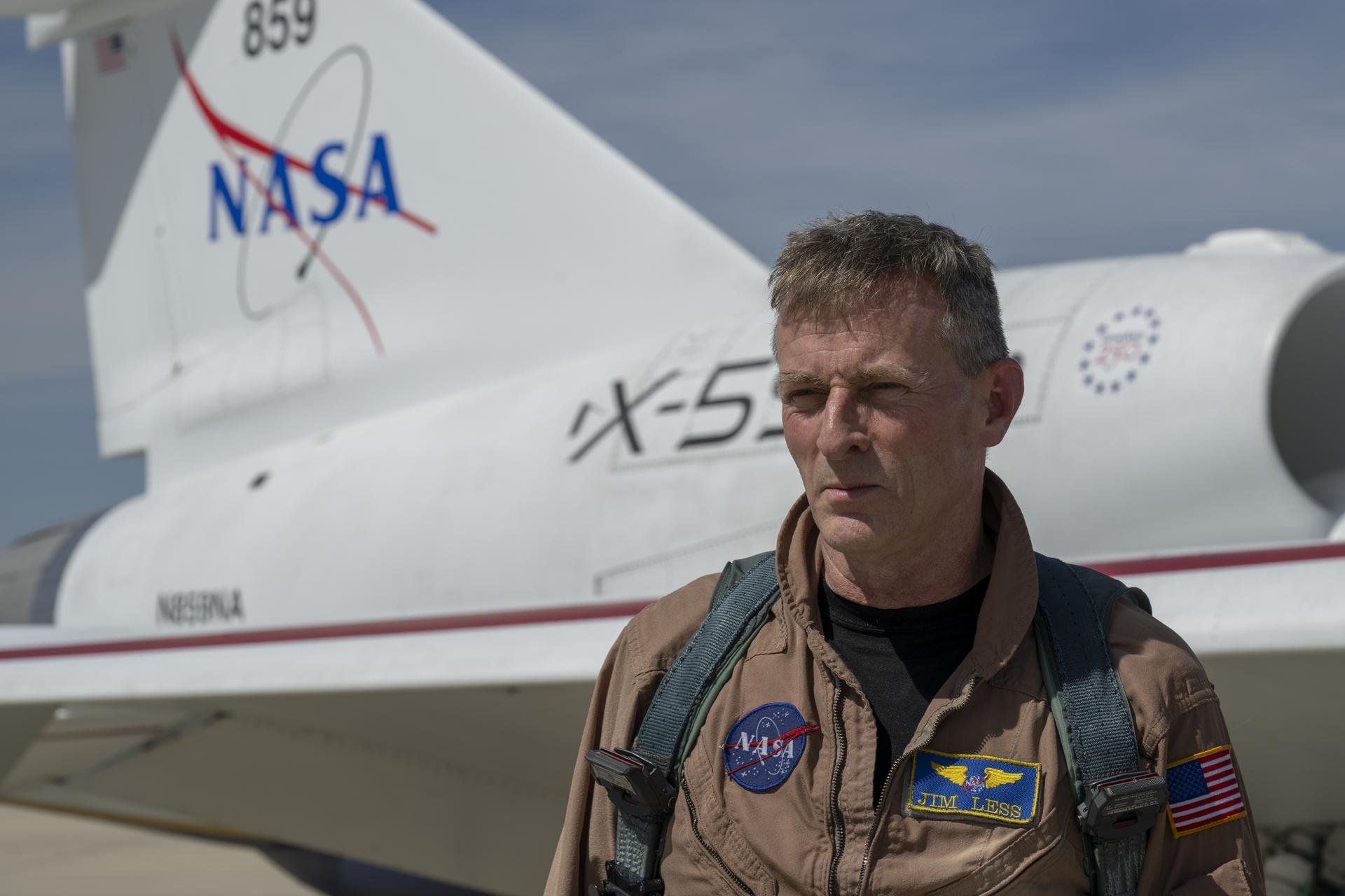 NASA test pilot Jim “Clue” Less is seen after completing his first flight of the X-59 and the aircraft’s second flight overall at Edwards Air Force Base in California on Thursday, March 26, 2026. The flight supports NASA’s Quesst mission to demonstrate supersonic flight that produces a quieter sonic “thump” instead of a loud sonic boom.