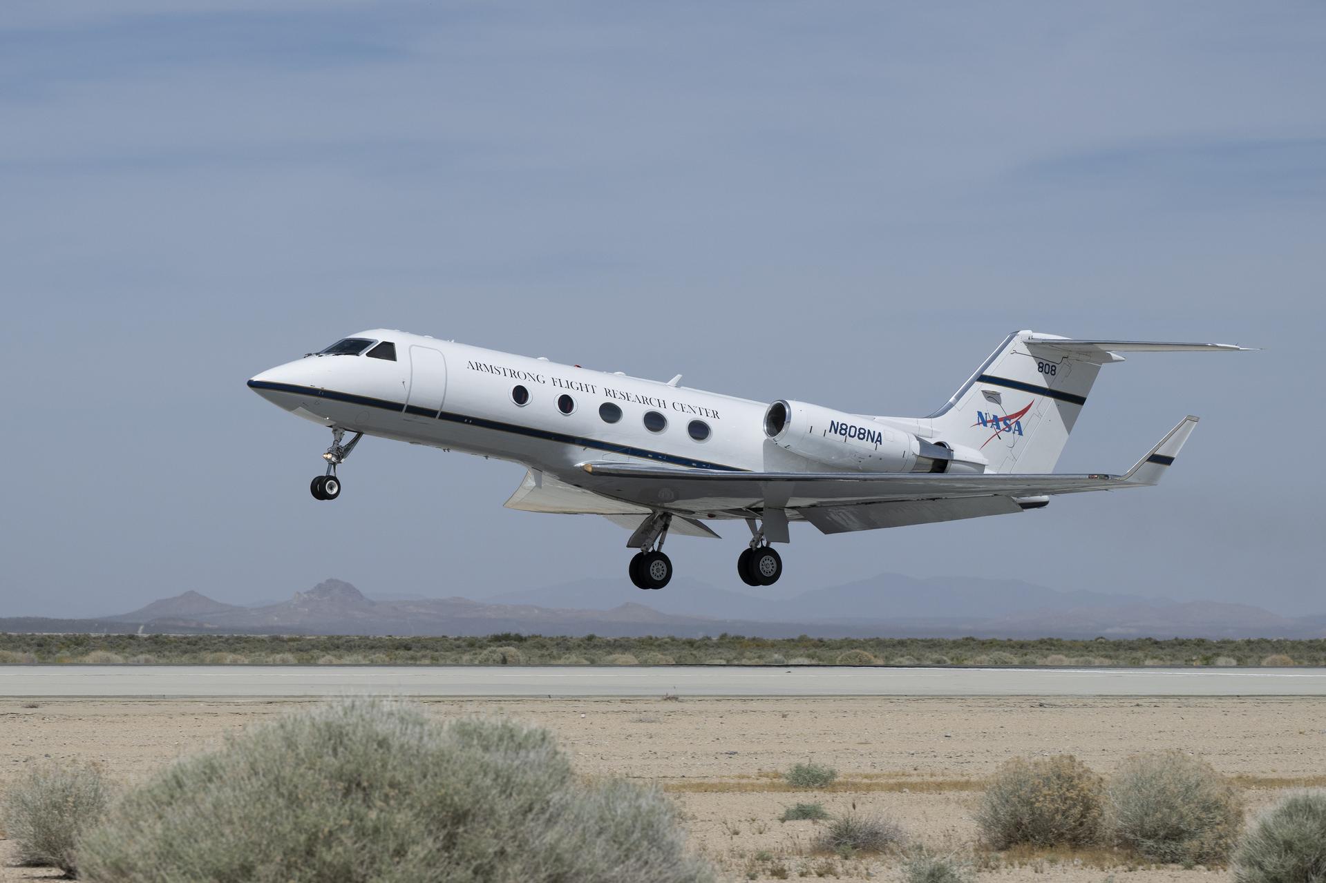 A Gulfstream G-III takes off Friday, March 27, 2026, from NASA’s Armstrong Flight Research Center in Edwards, California. The G-III will join other NASA aircraft to capture imagery of the Orion spacecraft’s heat shield during Artemis II reentry. The mission is part of NASA’s Scientifically Calibrated In-Flight Imagery (SCIFLI) project, based at NASA’s Langley Research Center in Hampton, Virginia.
