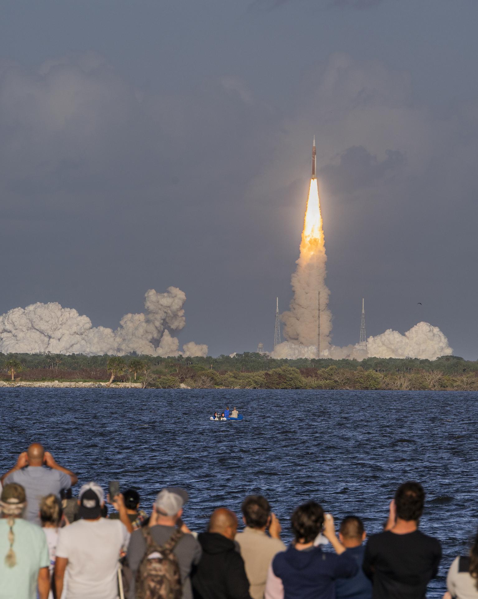 NASA’s SLS (Space Launch System) rocket with the Orion spacecraft carrying Artemis II Commander Reid Wiseman, Pilot Victor Glover, and Mission Specialist Christina Koch from NASA, along with Mission Specialist Jeremy Hansen from the CSA (Canadian Space Agency), lifts off at 6:35 p.m. EDT on Wednesday, April 1, 2026, from Launch Complex 39B at NASA Kennedy. The Artemis II test flight will take the crew members on a 10-day journey around the Moon and back.  