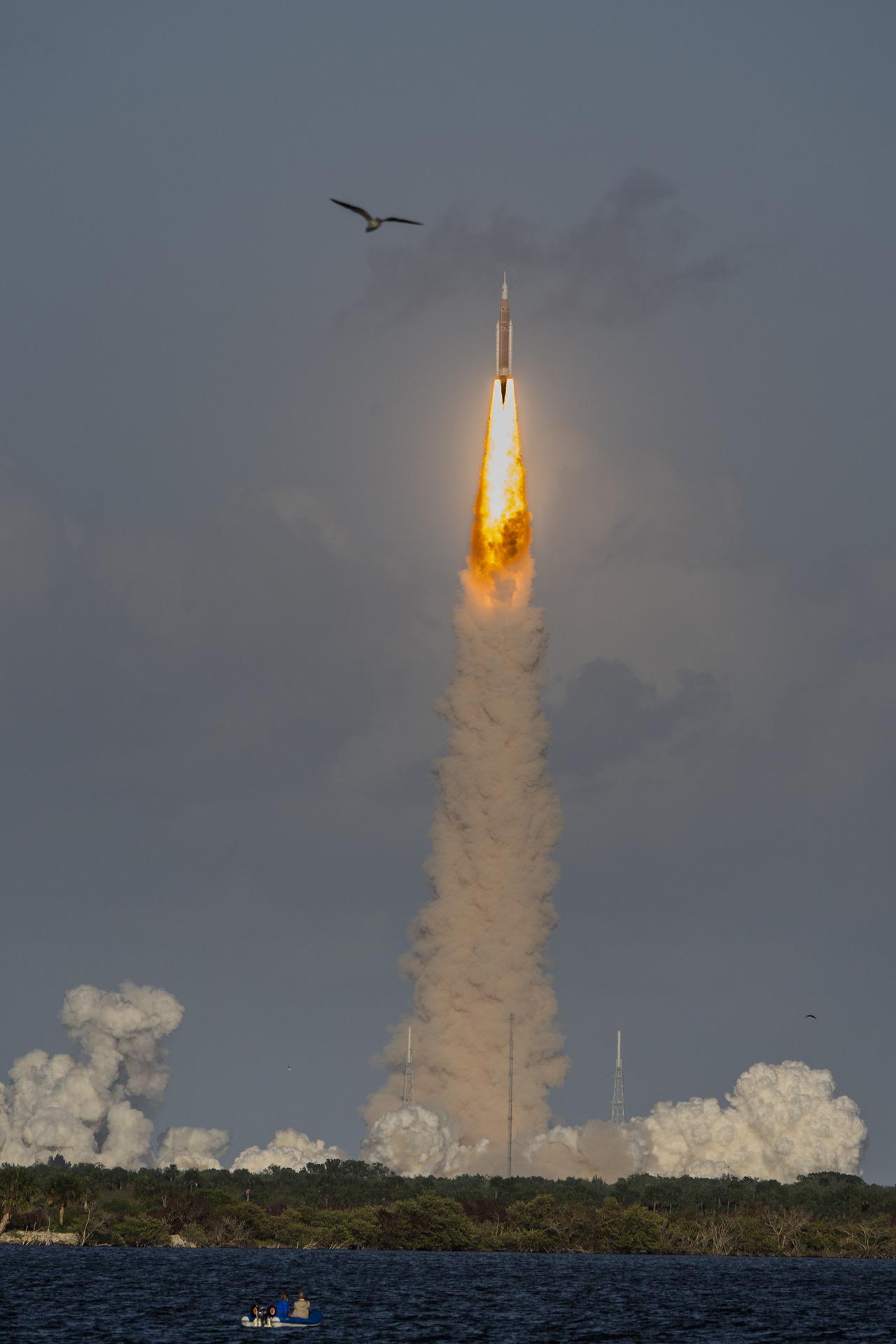 NASA’s SLS (Space Launch System) rocket with the Orion spacecraft carrying Artemis II Commander Reid Wiseman, Pilot Victor Glover, and Mission Specialist Christina Koch from NASA, along with Mission Specialist Jeremy Hansen from the CSA (Canadian Space Agency), lifts off at 6:35 p.m. EDT on Wednesday, April 1, 2026, from Launch Complex 39B at NASA Kennedy. The Artemis II test flight will take the crew members on a 10-day journey around the Moon and back.  