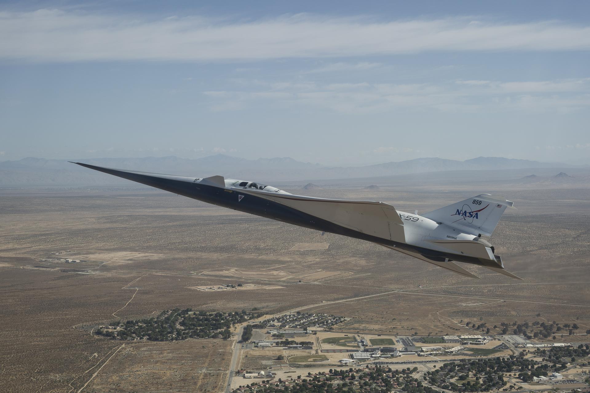 NASA’s X-59 quiet supersonic research aircraft flies above NASA’s Armstrong Flight Research Center in Edwards, California, during testing focused on lower-speed and lower-altitude flight conditions in support of NASA’s Quesst mission. NASA continues two-flight days during envelope expansion testing as teams work to better understand how the aircraft responds throughout its operating range.