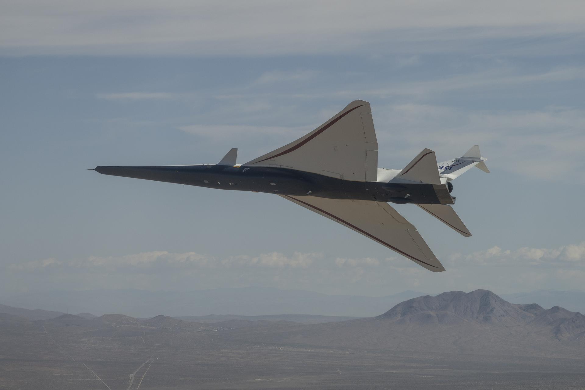 NASA’s X-59 quiet supersonic research aircraft flies above NASA’s Armstrong Flight Research Center in Edwards, California, during testing focused on lower-speed and lower-altitude flight conditions in support of NASA’s Quesst mission. NASA continues two-flight days during envelope expansion testing as teams work to better understand how the aircraft responds throughout its operating range.