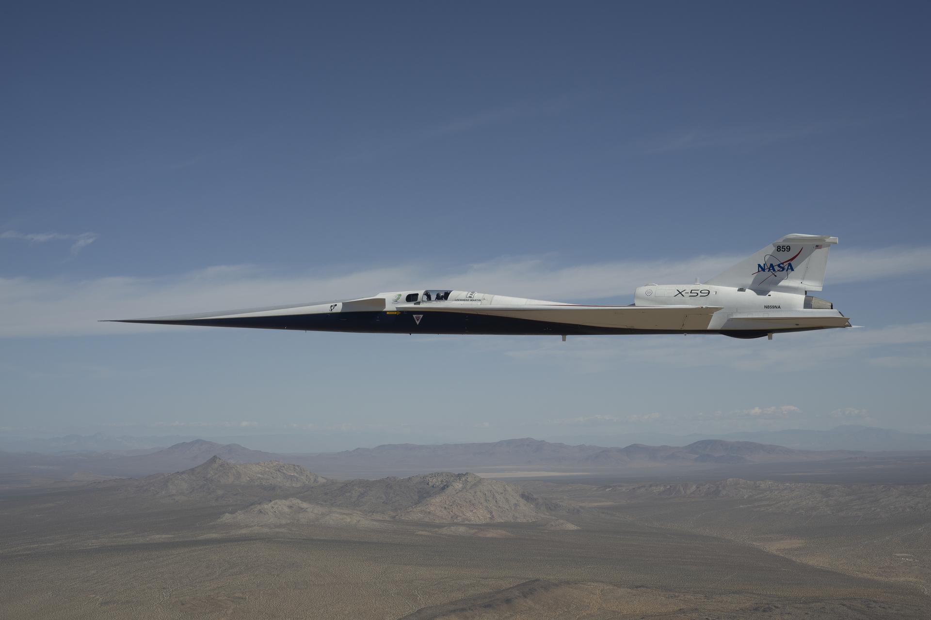 NASA’s X-59 quiet supersonic research aircraft flies above NASA’s Armstrong Flight Research Center in Edwards, California, during testing focused on lower-speed and lower-altitude flight conditions in support of NASA’s Quesst mission. NASA continues two-flight days during envelope expansion testing as teams work to better understand how the aircraft responds throughout its operating range.
