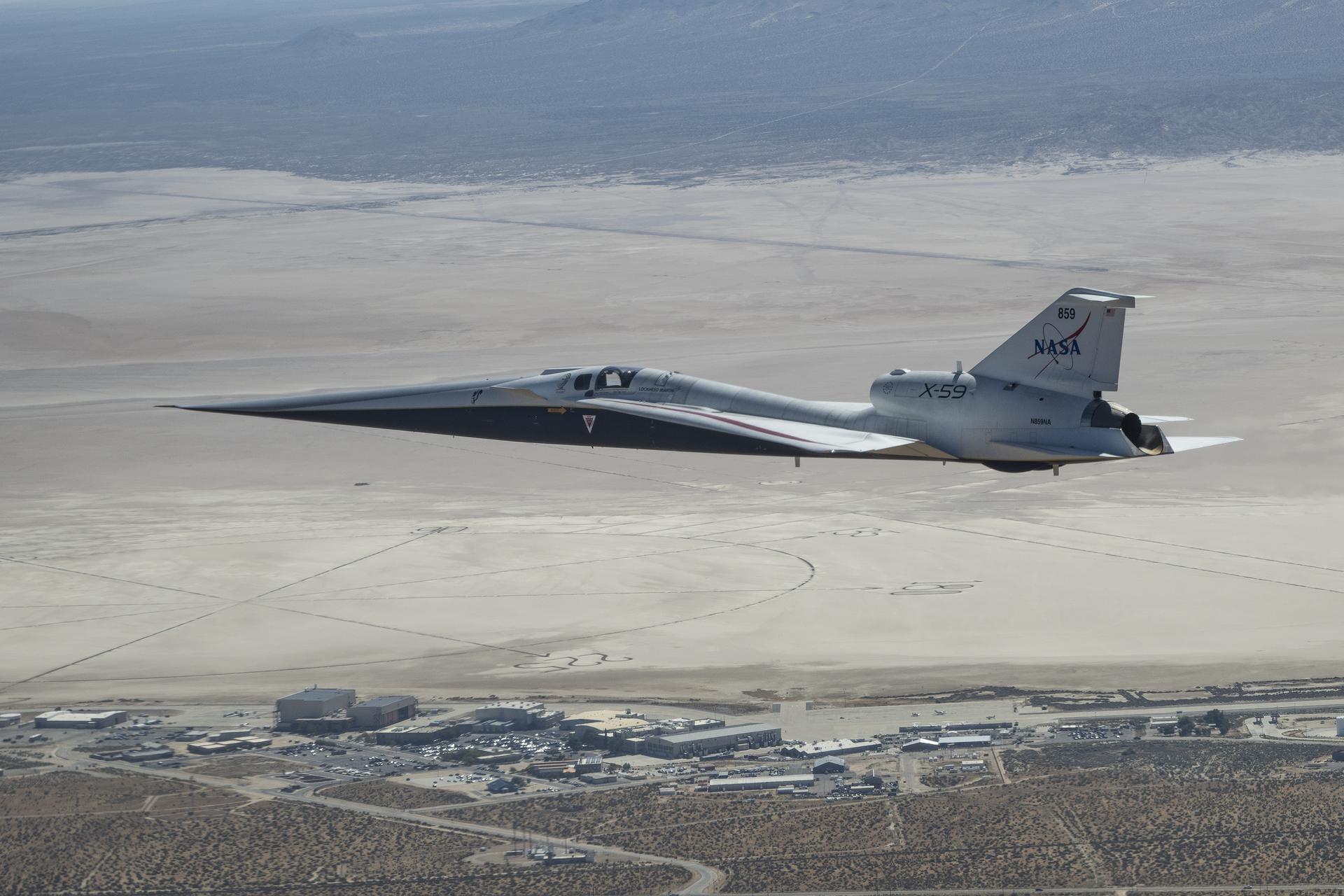 NASA’s X-59 quiet supersonic research aircraft flies above NASA’s Armstrong Flight Research Center in Edwards, California, during testing focused on lower-speed and lower-altitude flight conditions in support of NASA’s Quesst mission. NASA continues two-flight days during envelope expansion testing as teams work to better understand how the aircraft responds throughout its operating range.