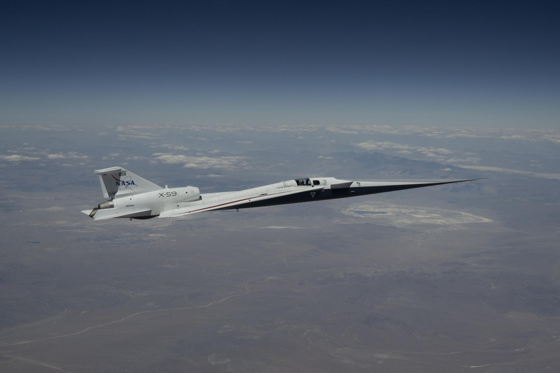 NASA’s X-59 quiet supersonic research aircraft completed its first dual-flight day on Thursday, April 30, at the agency’s Armstrong Flight Research Center in Edwards, California. This image shows the X-59 flying over the Mojave Desert during the aircraft’s second flight of the day, and its 12th overall. The X-59 flew test points at altitudes ranging from 12,000 to 43,000 feet and speeds from approximately 528 to 627 mph, or Mach 0.8 to Mach 0.95. The increased tempo of test flights allows the team to collect more data over a shorter period of time.