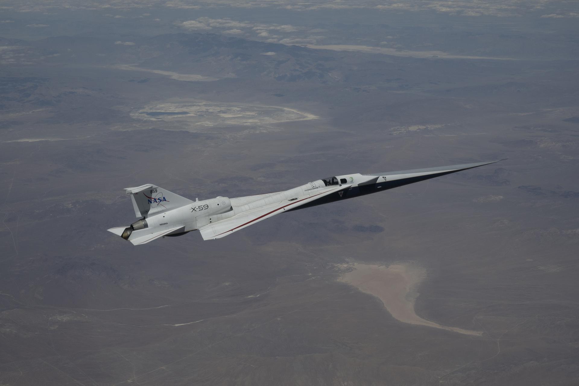 NASA’s X-59 quiet supersonic research aircraft completed its first dual-flight day on Thursday, April 30, at the agency’s Armstrong Flight Research Center in Edwards, California. This image shows the X-59 flying over the Mojave Desert during the aircraft’s second flight of the day, and its 12th overall. The X-59 flew test points at altitudes ranging from 12,000 to 43,000 feet and speeds from approximately 528 to 627 mph, or Mach 0.8 to Mach 0.95. The increased tempo of test flights allows the team to collect more data over a shorter period of time.