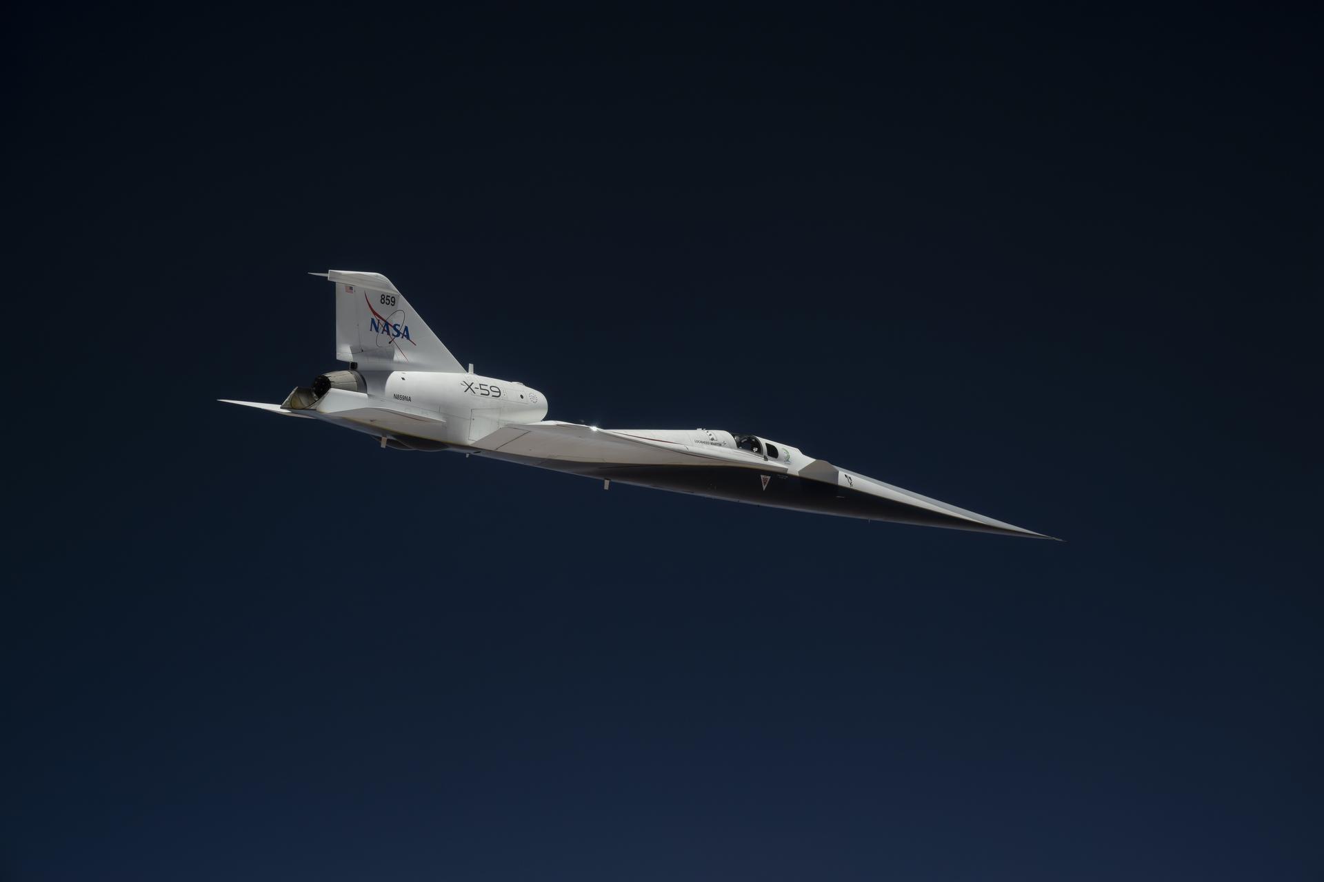 NASA’s X-59 quiet supersonic research aircraft completed its first dual-flight day on Thursday, April 30, at the agency’s Armstrong Flight Research Center in Edwards, California. This image shows the X-59 flying over the Mojave Desert during the aircraft’s second flight of the day, and its 12th overall. The X-59 flew test points at altitudes ranging from 12,000 to 43,000 feet and speeds from approximately 528 to 627 mph, or Mach 0.8 to Mach 0.95. The increased tempo of test flights allows the team to collect more data over a shorter period of time.