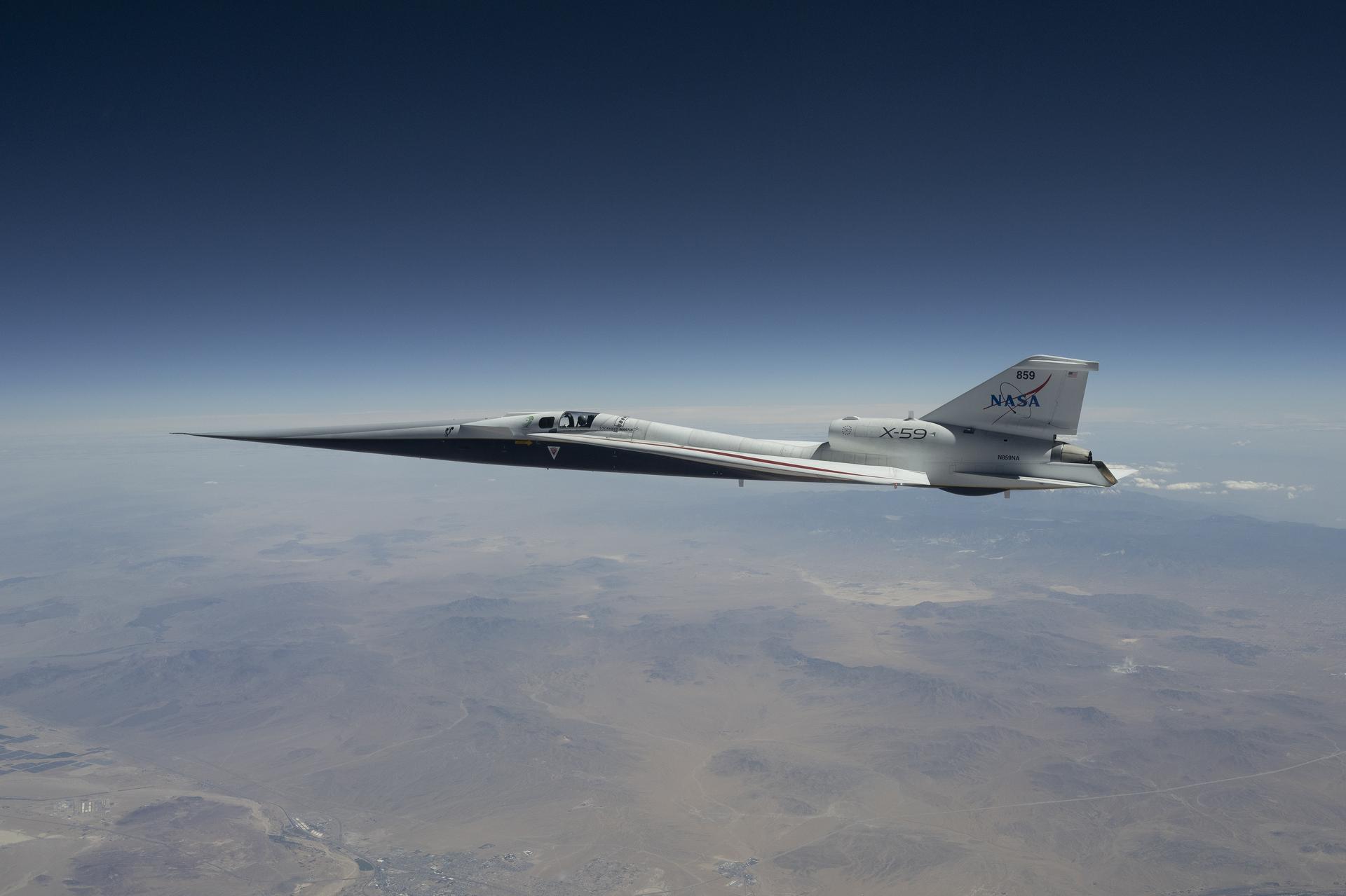 NASA’s X-59 quiet supersonic research aircraft completed its first dual-flight day on Thursday, April 30, at the agency’s Armstrong Flight Research Center in Edwards, California. This image shows the X-59 flying over the Mojave Desert during the aircraft’s second flight of the day, and its 12th overall. The X-59 flew test points at altitudes ranging from 12,000 to 43,000 feet and speeds from approximately 528 to 627 mph, or Mach 0.8 to Mach 0.95. The increased tempo of test flights allows the team to collect more data over a shorter period of time.