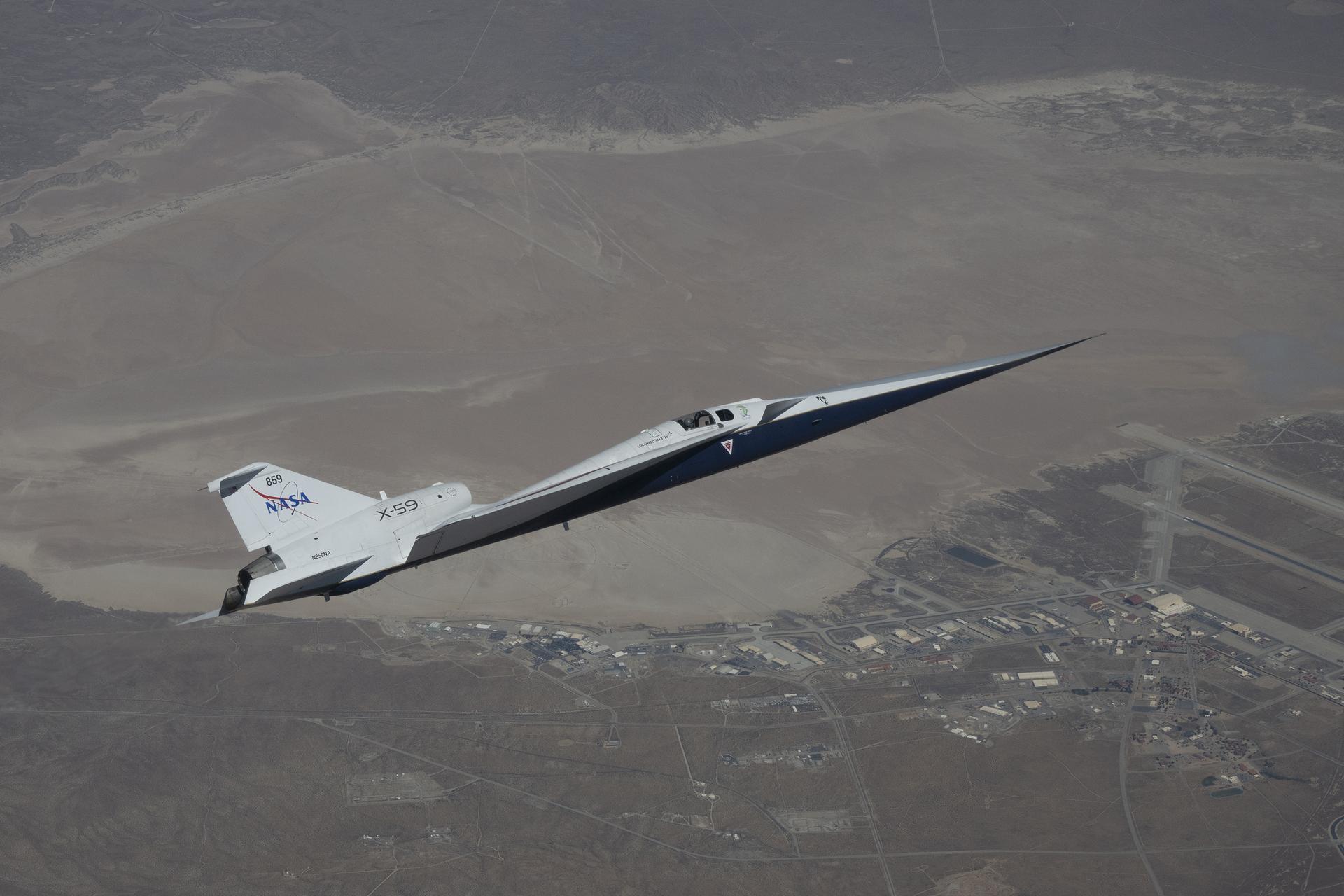 NASA’s X-59 quiet supersonic research aircraft completed its first dual-flight day on Thursday, April 30, at the agency’s Armstrong Flight Research Center in Edwards, California. This image shows the X-59 flying over the Mojave Desert during the aircraft’s second flight of the day, and its 12th overall. The X-59 flew test points at altitudes ranging from 12,000 to 43,000 feet and speeds from approximately 528 to 627 mph, or Mach 0.8 to Mach 0.95. The increased tempo of test flights allows the team to collect more data over a shorter period of time.