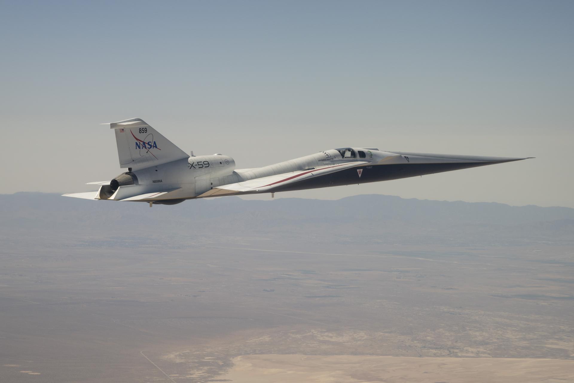  NASA’s X-59 quiet supersonic research aircraft flies above mountains near NASA’s Armstrong Flight Research Center in Edwards, California, on Tuesday, May 12, 2026. NASA continues expanding the aircraft’s flight envelope to evaluate its performance across a range of flight conditions ahead of flight tests at speeds faster than the speed of sound in support of the agency’s Quesst mission.