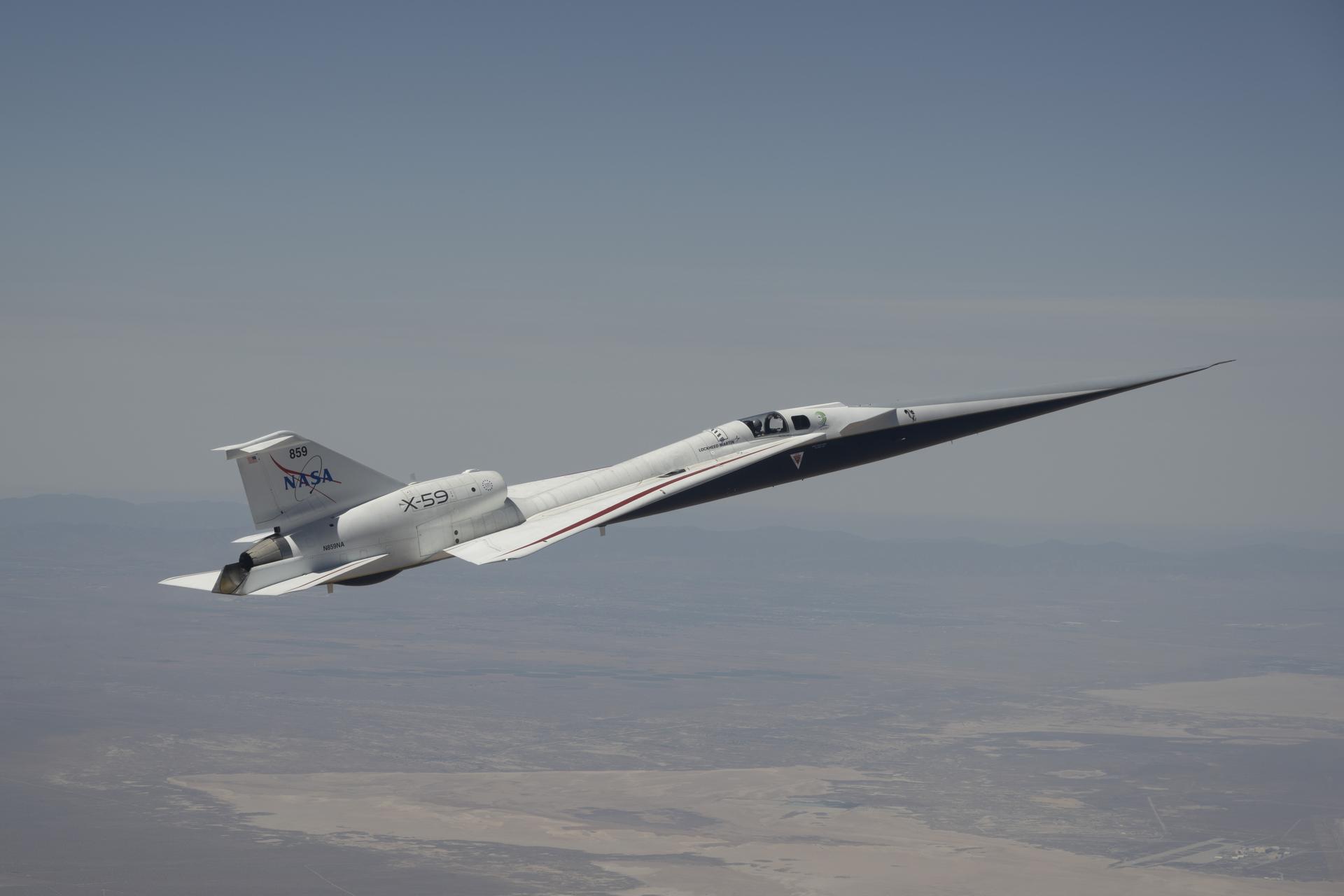  NASA’s X-59 quiet supersonic research aircraft flies above mountains near NASA’s Armstrong Flight Research Center in Edwards, California, on Tuesday, May 12, 2026. NASA continues expanding the aircraft’s flight envelope to evaluate its performance across a range of flight conditions ahead of flight tests at speeds faster than the speed of sound in support of the agency’s Quesst mission.