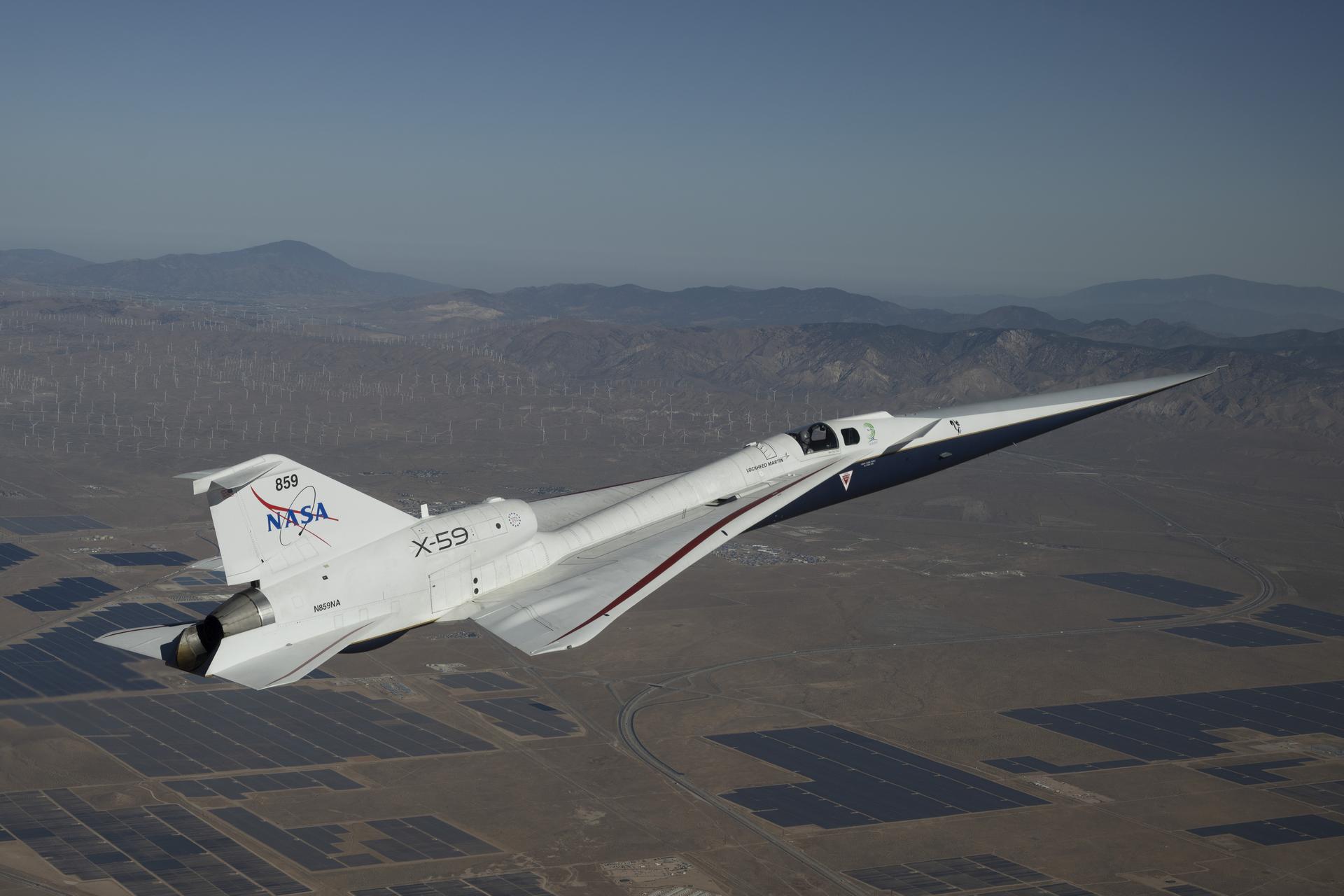 NASA’s X-59 quiet supersonic research aircraft flies along the Bell X-1 Supersonic Corridor in California during continued flight testing on Wednesday, June 10, 2026, in support of NASA’s Quesst mission. Initial supersonic flights help the team evaluate the aircraft’s performance as it progresses toward the speed and altitude planned for future community overflights.
