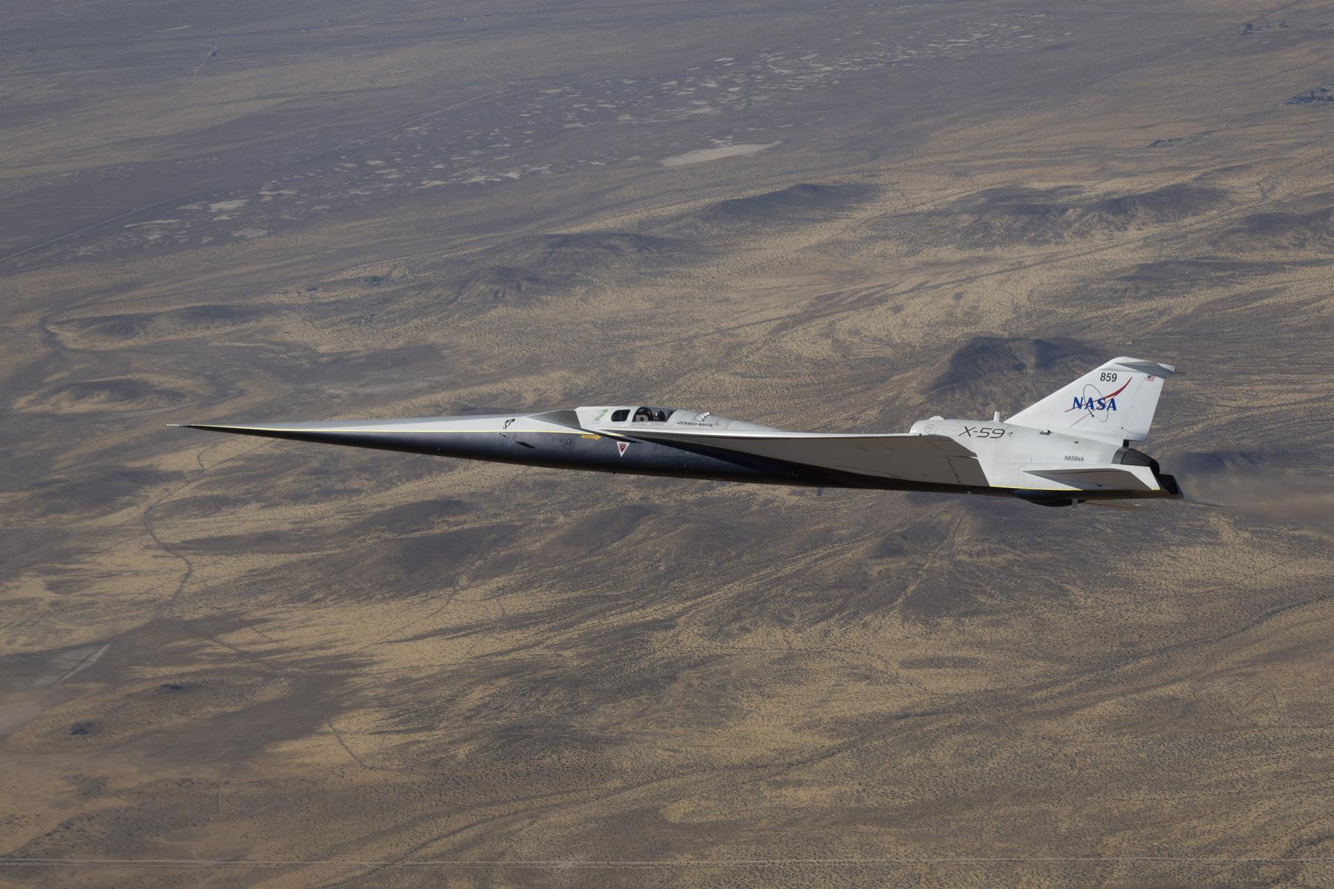 NASA’s X-59 quiet supersonic research aircraft flies along the Bell X-1 Supersonic Corridor in California during continued flight testing on Wednesday, June 10, 2026, in support of NASA’s Quesst mission. Initial supersonic flights help the team evaluate the aircraft’s performance as it progresses toward the speed and altitude planned for future community overflights.