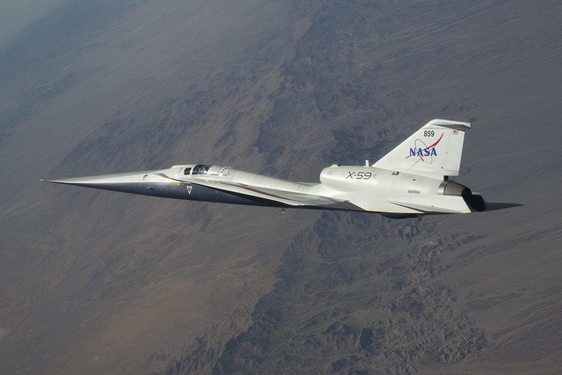 NASA’s X-59 quiet supersonic research aircraft flies along the Bell X-1 Supersonic Corridor in California during continued flight testing on Wednesday, June 10, 2026, in support of NASA’s Quesst mission. Initial supersonic flights help the team evaluate the aircraft’s performance as it progresses toward the speed and altitude planned for future community overflights.
