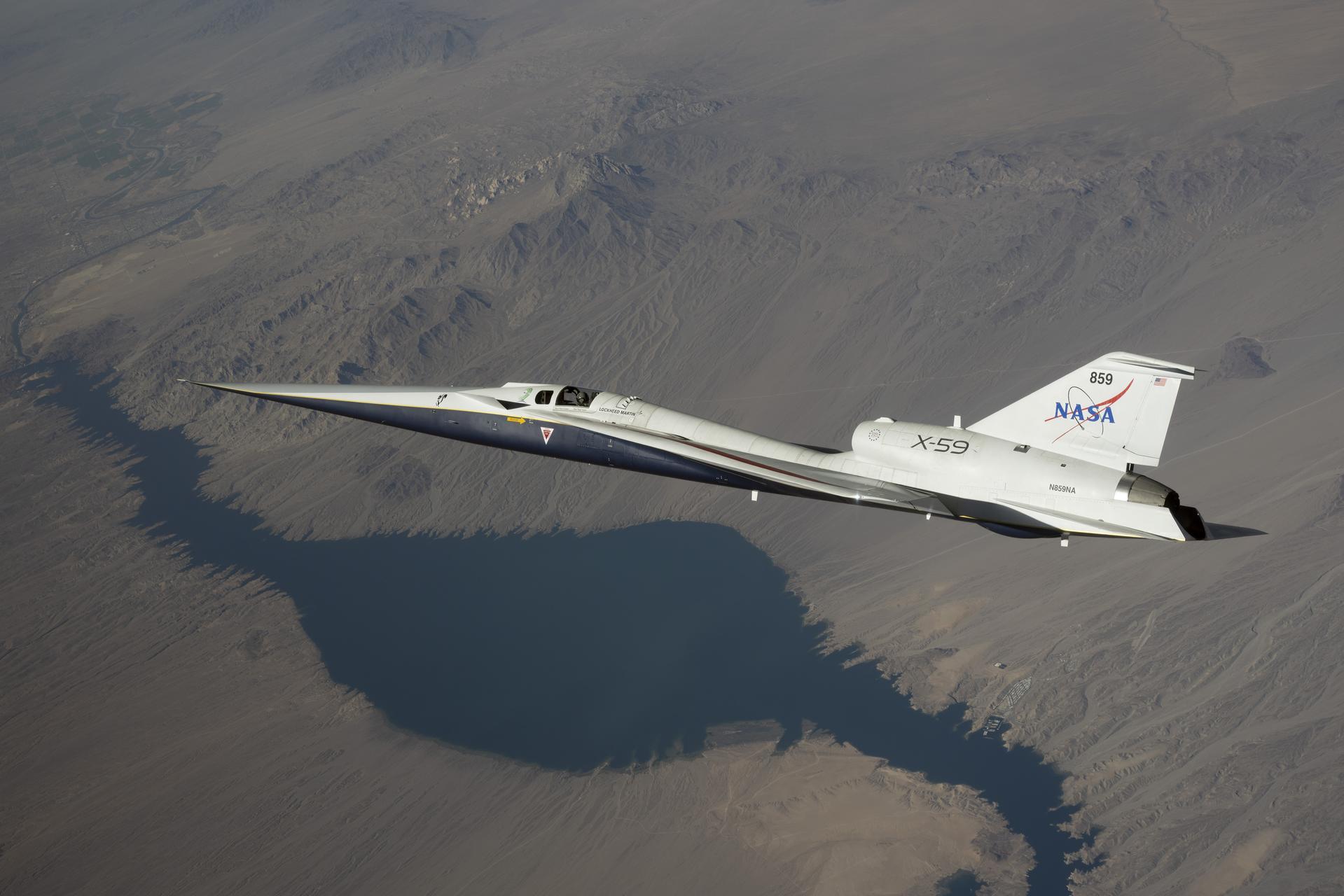 NASA’s X-59 quiet supersonic research aircraft flies along the Bell X-1 Supersonic Corridor in California during continued flight testing on Wednesday, June 10, 2026, in support of NASA’s Quesst mission. Initial supersonic flights help the team evaluate the aircraft’s performance as it progresses toward the speed and altitude planned for future community overflights.