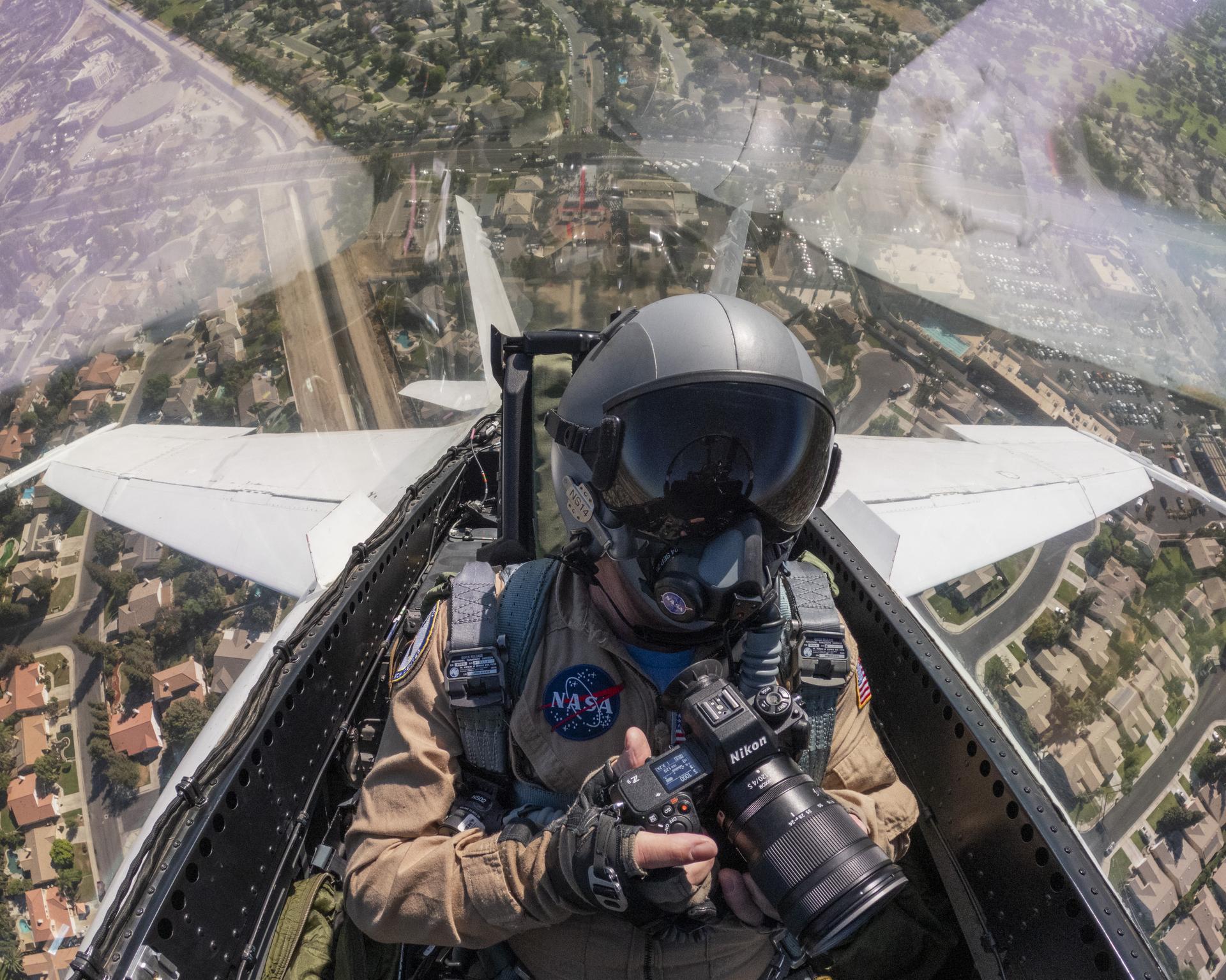 NASA photographer Jim Ross captured this view from inside the cockpit of an F/A‑18 aircraft during a commemorative flyover above the Bakersfield Fire Department and surrounding community in California on Friday, Sept. 11, 2026. The aircraft is based at NASA’s Armstrong Flight Research Center in Edwards, California. The flyover was part of an event honoring the 25th anniversary of Sept. 11, 2001.