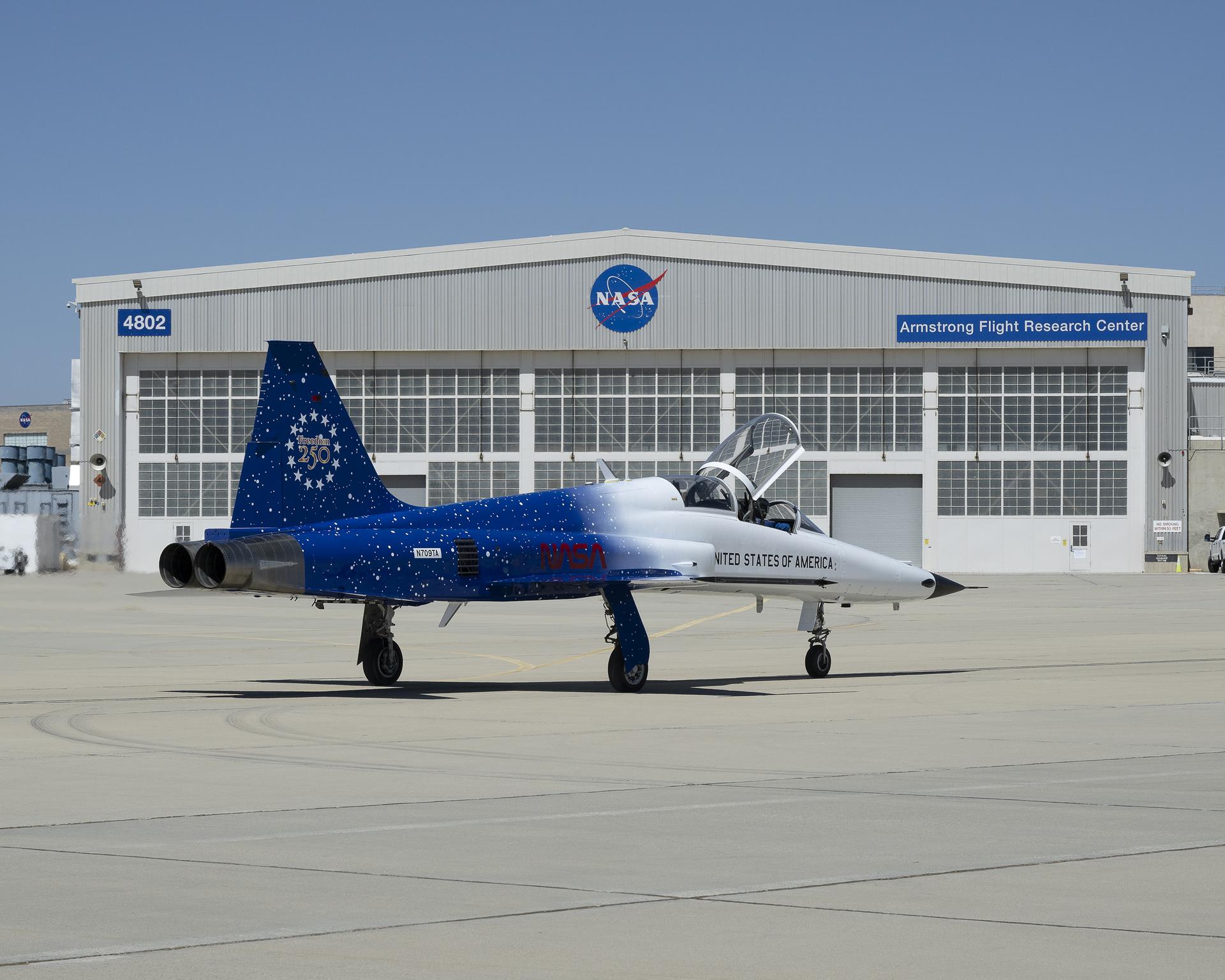 A Northrop F-5 Tiger II aircraft landed at NASA’s Armstrong Flight Research Center in Edwards, California, on Thursday, Sept. 17, 2026, in preparation for Red, White, and Boom, the U.S. Air Force Test Center’s celebration of America’s 250th anniversary and NASA Armstrong’s commemoration of its 80th year. The event brought together the workforce, families, and the Edwards community for a high‑energy day featuring a Flightline 5K, Ramp Fest and STEM Expo, static aircraft displays, hands‑on STEM activities, and a NASA flyover with sonic boom.