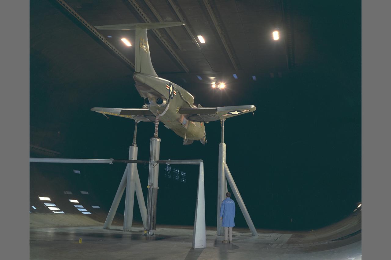 XV-5A airplane installed in 40x80ft Subsonic Wind Tunnel at NASA Ames Research Center with Tom Mills. The propulsive lift system was tested to determine power-on performance characteristics in preparation for flight tests.