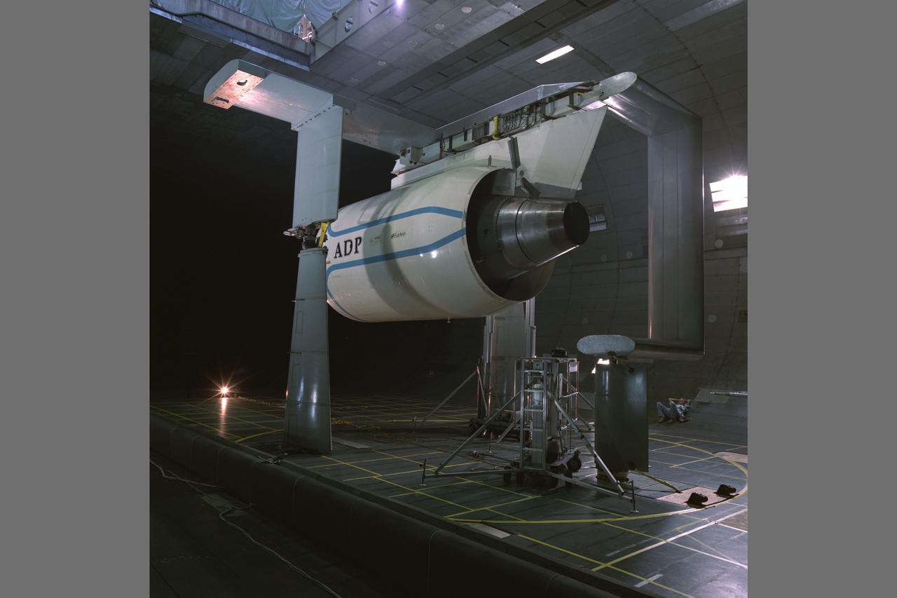 Pratt & Whitney Advanced Ducted Propulsor (ADP) Engine Test-590 in the NASA Ames 40x80ft Subsonic Wind Tunnel. The Pratt & Whitney Advanced Ducted Prop (ADP) demonstrator undergoing acoustic and fan performance testing. ADP technology could lead to decreased fuel consumption and noise.