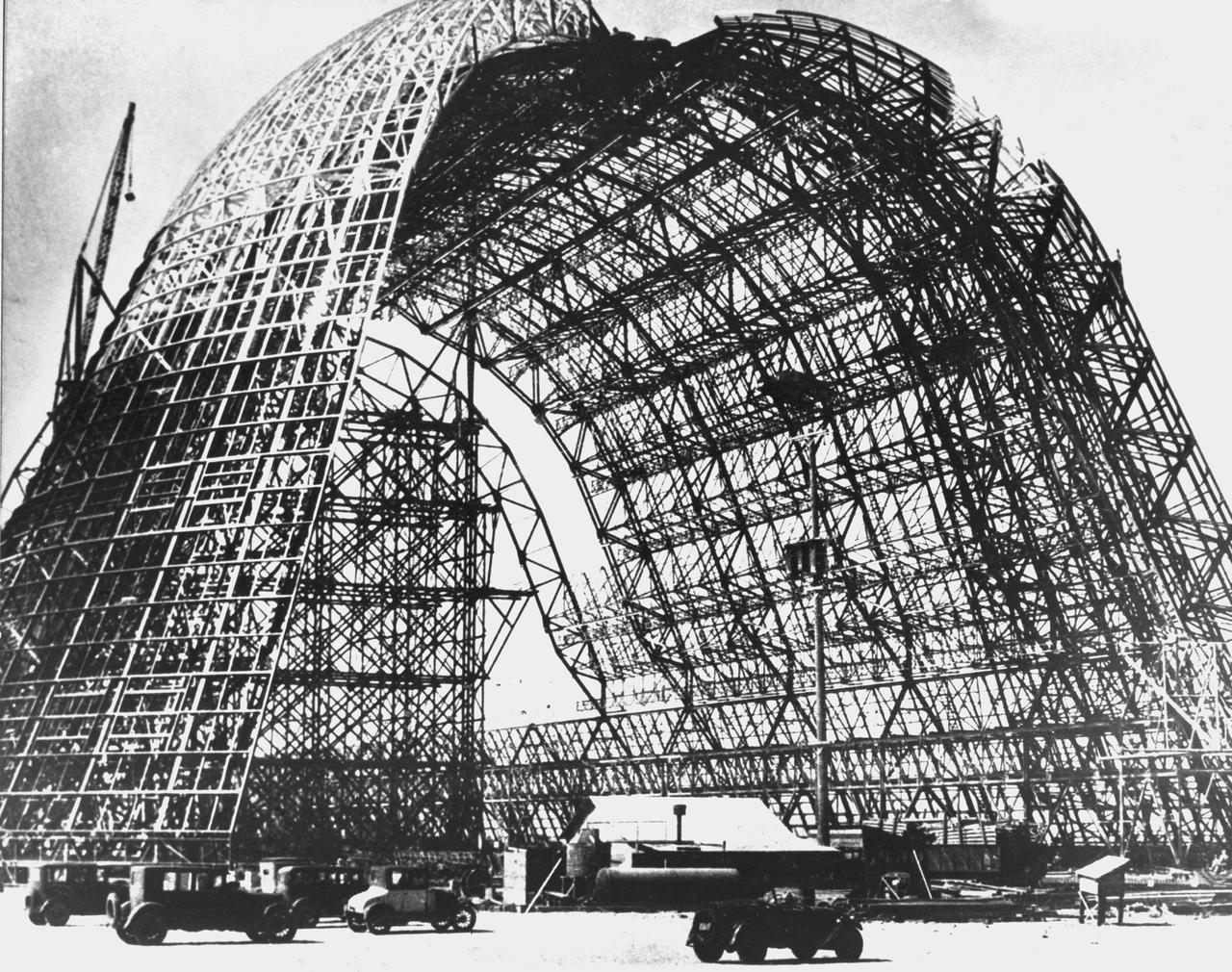 Navy Hangar 1 Early Construction showing frame work of 'Orange Peel' door Hangar One Construction