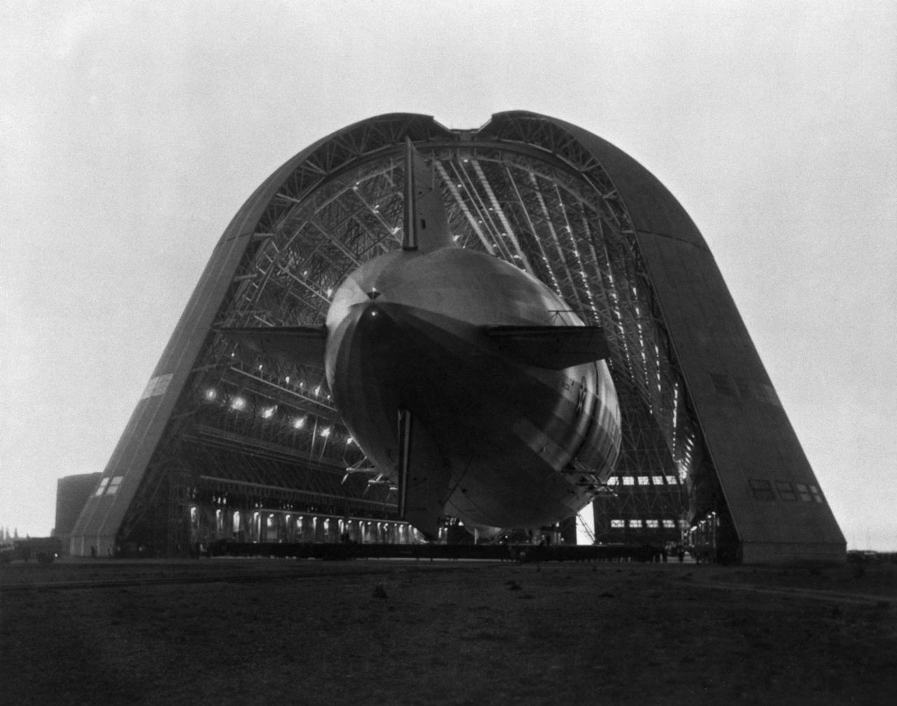 Navy Ridged Airship USS Macon being moved into Hangar 1 NAS Sunnyvale, CA