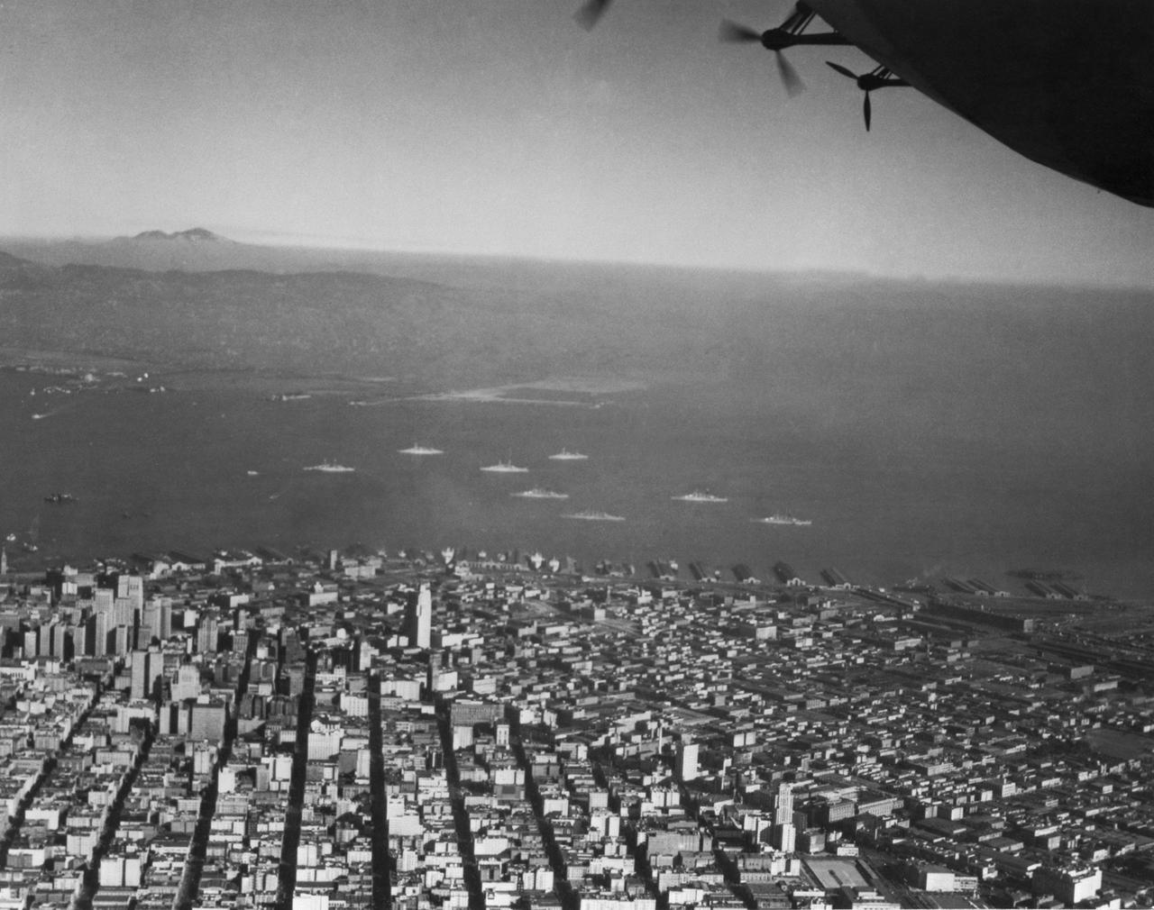 Navy Aerial of San Francisco, California; W/8 Pacific Fleet Battleships anchored in bay
