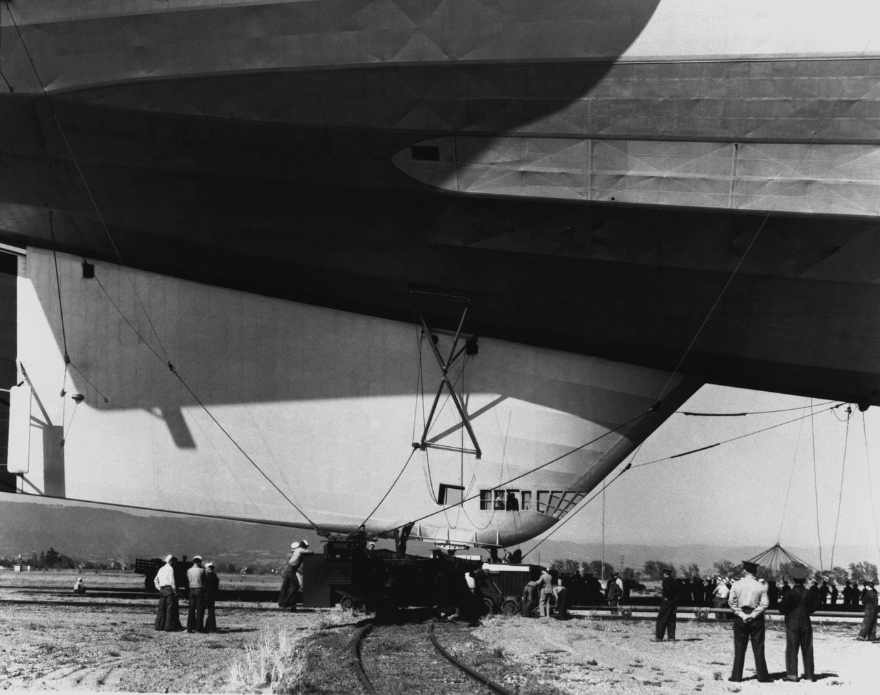Close view of Macon Dirigible Cabin - control room housing while moored at Moffett Field (1935)