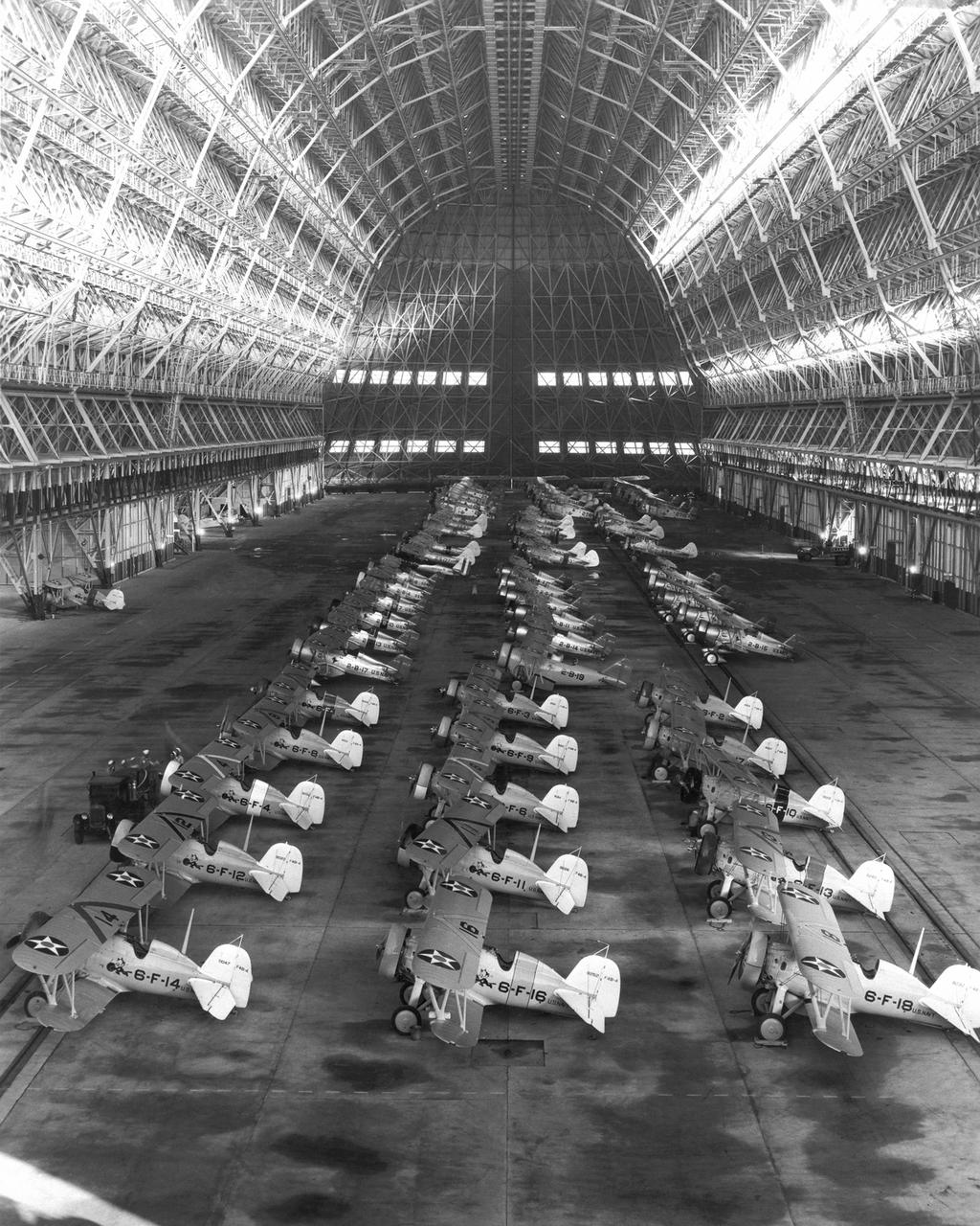 Navy Squadrons VF-6, VB-2, VS-2, & VT-2 in Hangar at NAS Sunnyvale CA looking south