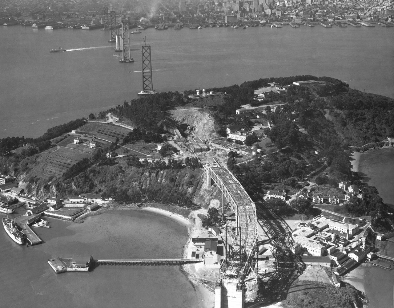 Navy San Franciso Bay Bridge Construction (looking west) toward San Francisco Yerba Buena Island in foreground
