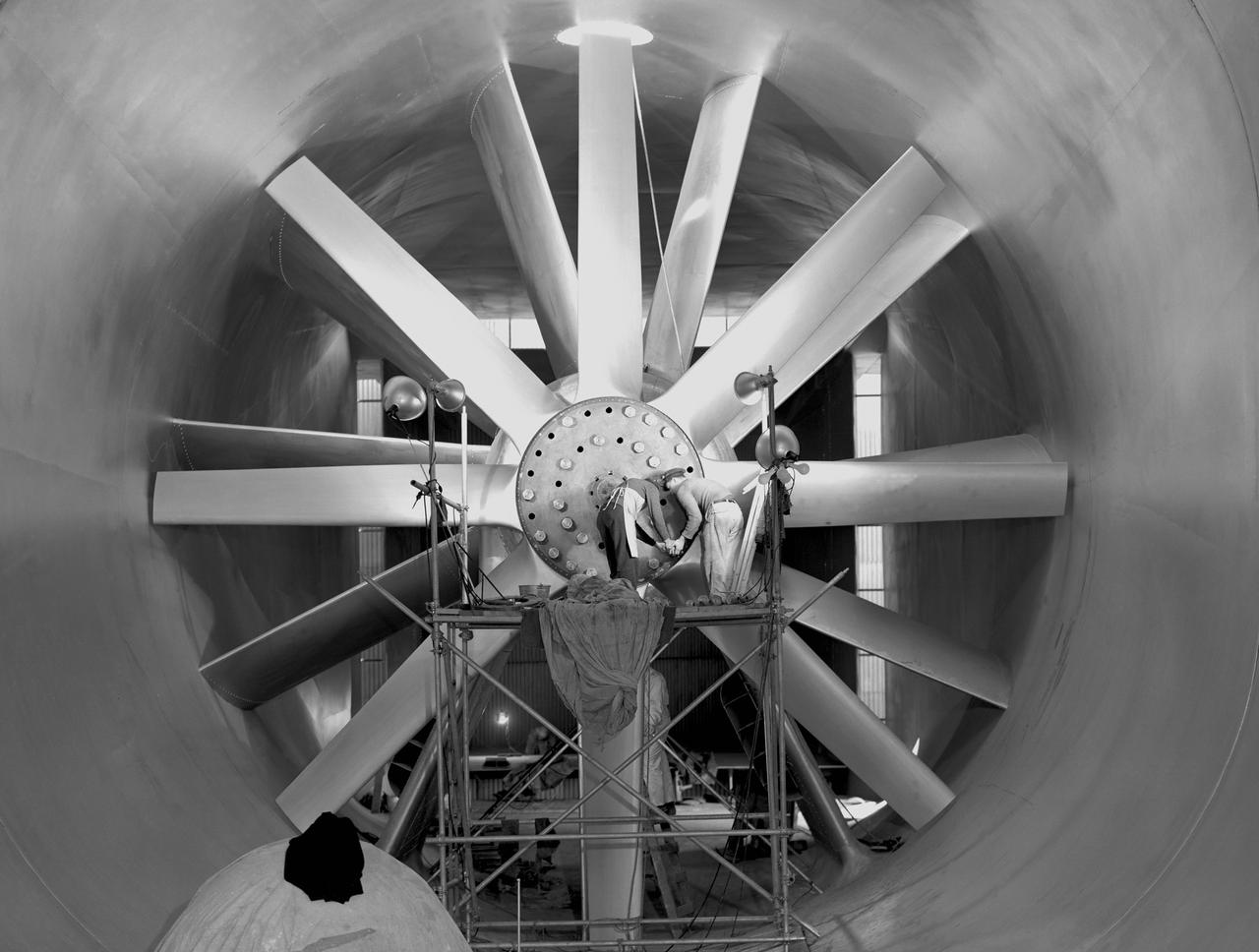NACA Photographer installng propeller blades in 7x10ft#1 w.t. N-215