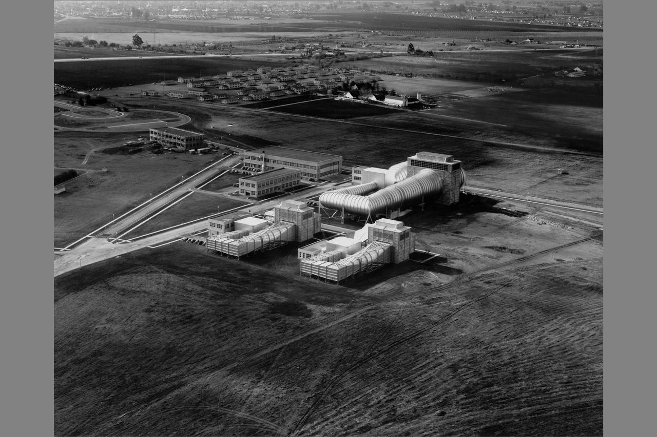 NACA Ames Aeronautical Laboratory aerial; 16ft, 7X10ft#1, 7x10ft#2 wind tunnels, Technical Services Bldg N-220, Utilities later Electrical Services Bldg N-219 and construction on the Science Laboratory, later Engineering Services Bldg N-203