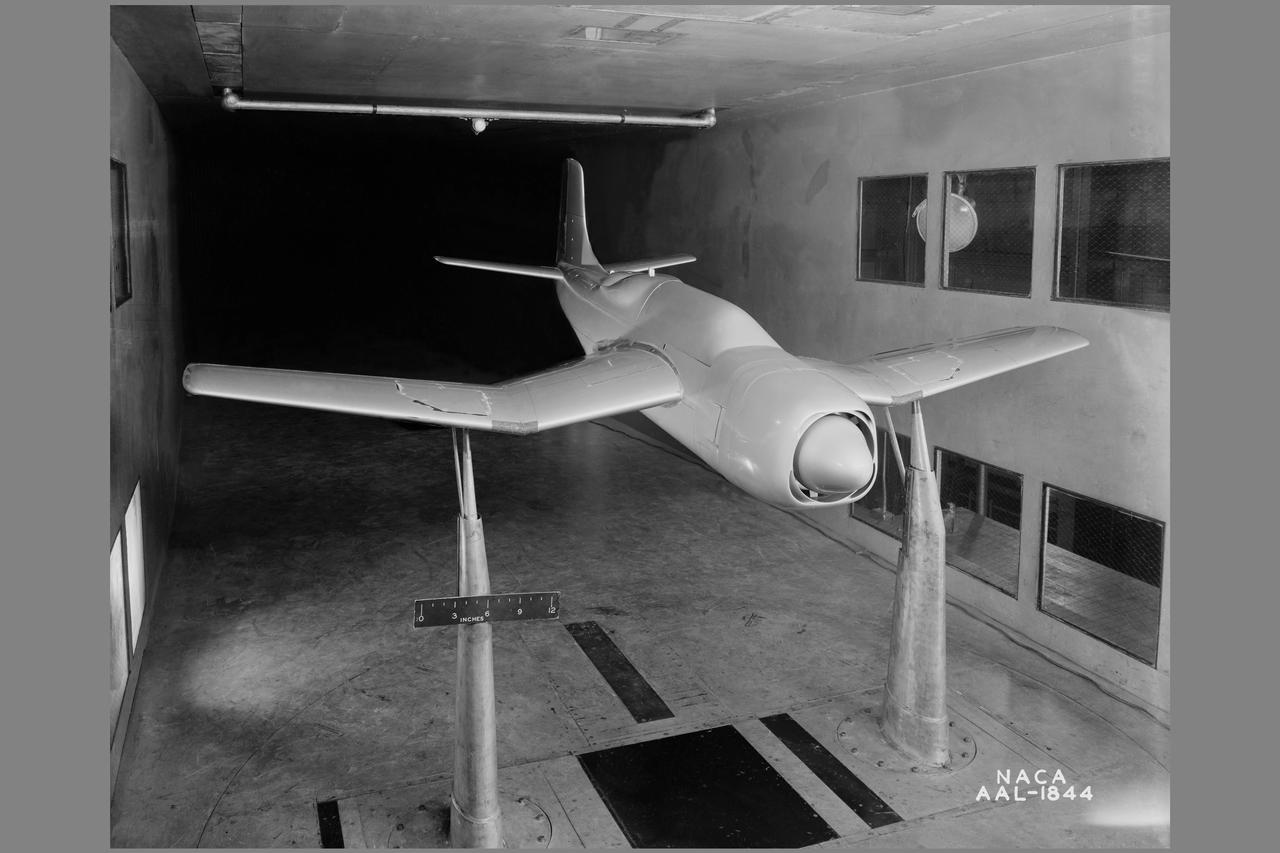 NACA Photographer Douglas XSB2D-1 model WBHV-t in 7x10ft w.t. at Ames Research Center, CA 3/4 right front view