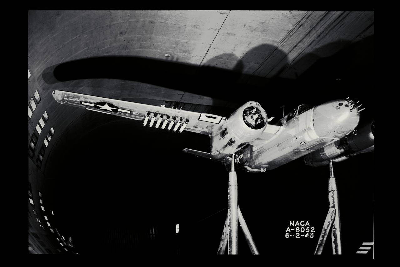 40x80ft wind tunnel testing of a modification to a A-26B airplane (rockets, bomb and wing)