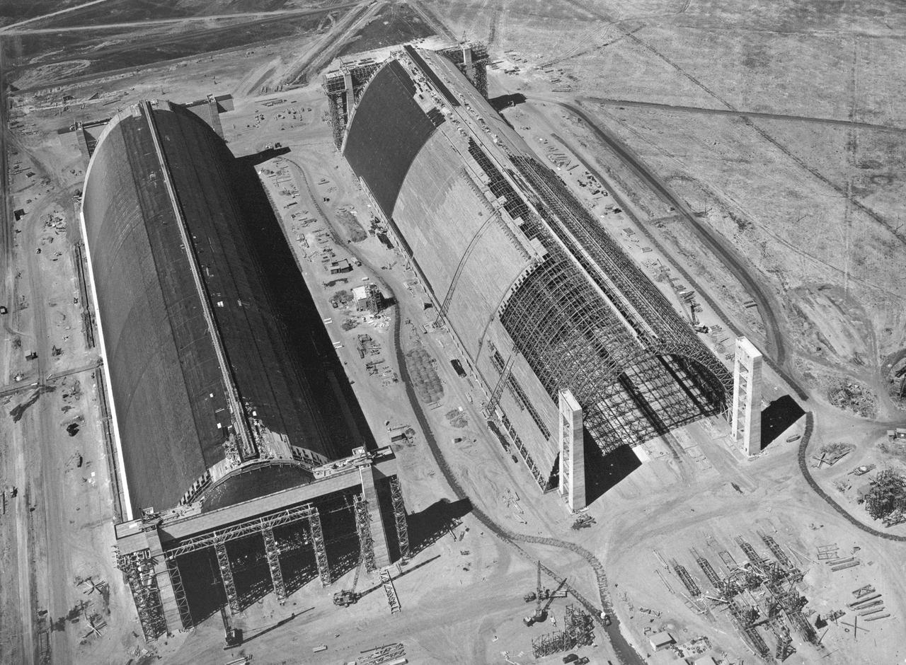 Navy  (Contract NOy-5604 SNVL 1691) NAS Air station Moffett Field, overhead view of Hangar 2 and 3 from North West Corner  Moffett Field Public Works Serial 1621 - Earl W. Heple & J. H. Pomeroy Contractors