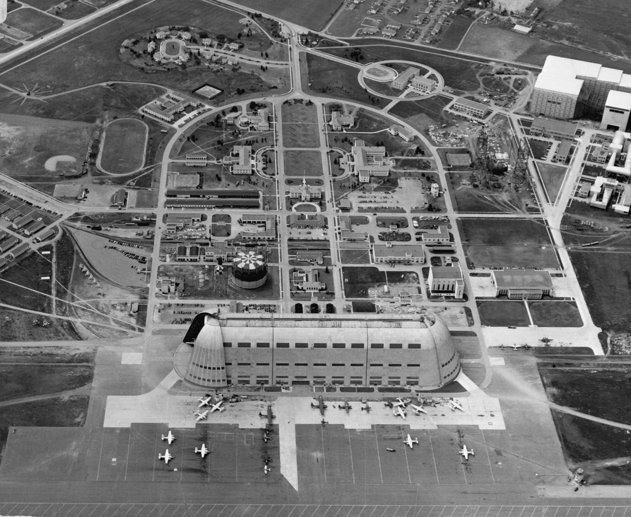Looking beyond Hangar One toward Shenandoah Plaza (parade ground)
