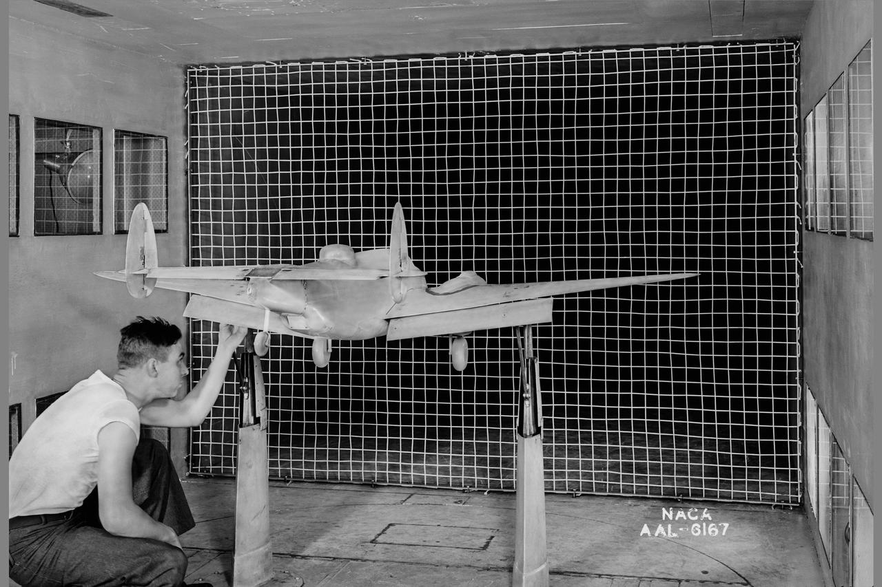 PV-1 model; rear view with 2 1/2' x 2 1/2' trubulene net mount in the 7x10ft w.t. at Ames Research Center