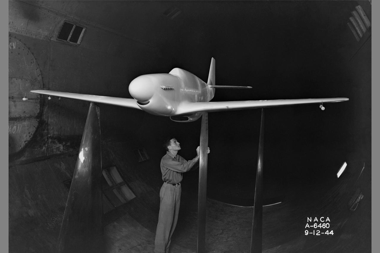 North American P-51B 1/3 scale model with dummy airspeed booms & mounted on thin struts in 16ft w.t.