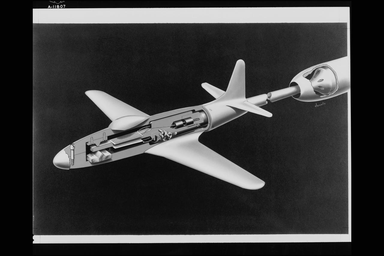 Cut away view of YP-80 model as tested in Ames 1x3 1/2ft. Supersonic Wind Tunnel. Artist Harry DeVoto, Ames Graphics.