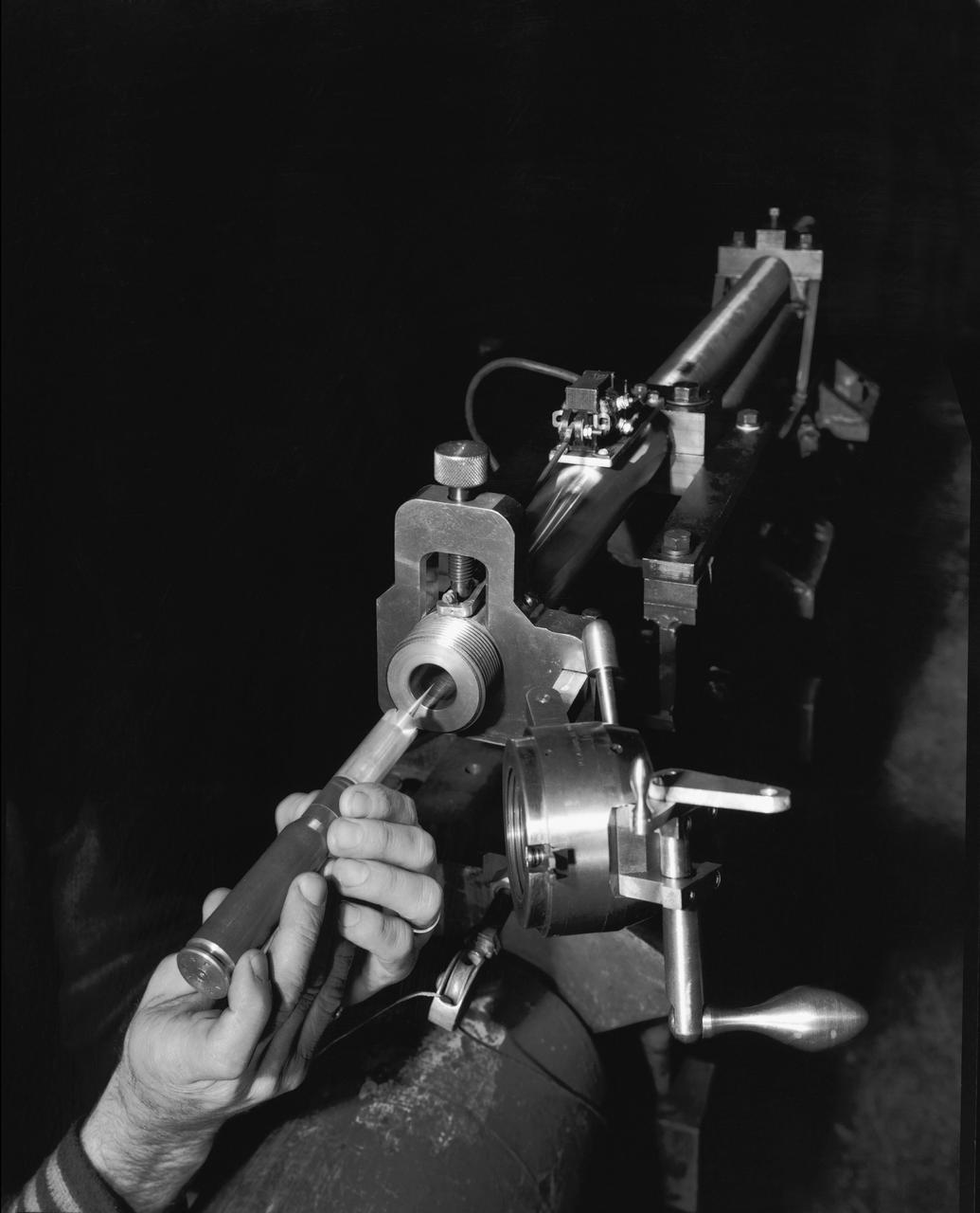 Supersonic Free Flight Wind Tunnel 620 gun and model; model, sabot and cartridge assembly and ready for firing in the supersonic free flight tunnel