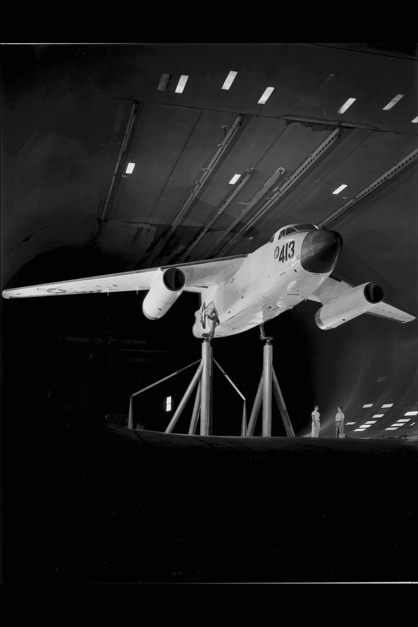 DOUGLAS XA3D-1 #413 AIRPLANE MOUNTED IN THE NACA AMES RESEARCH CENTER'S 40X80_FOOT SUBSONIC WIND TUNNEL sweptback wing  Testing the wing boundary layer control of the A3D in the 40 x 80 wind tunnel.  Boundary layer control was added to increase the lift of the wing for aircraft carrier take off and landing.