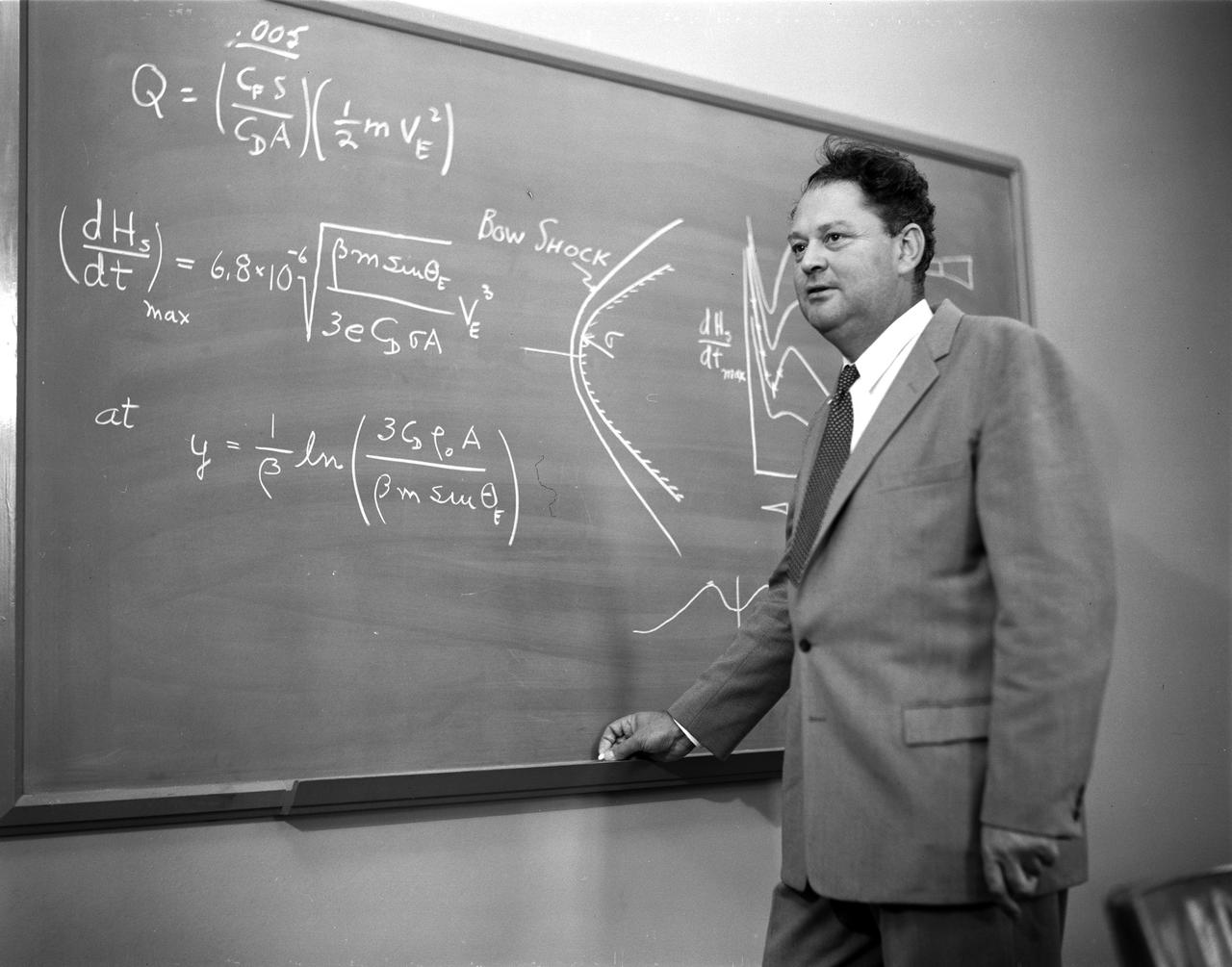 Portrait of NASA Ames Engineer H. Julian 'Harvey' Allen explaining blunt nose principle.