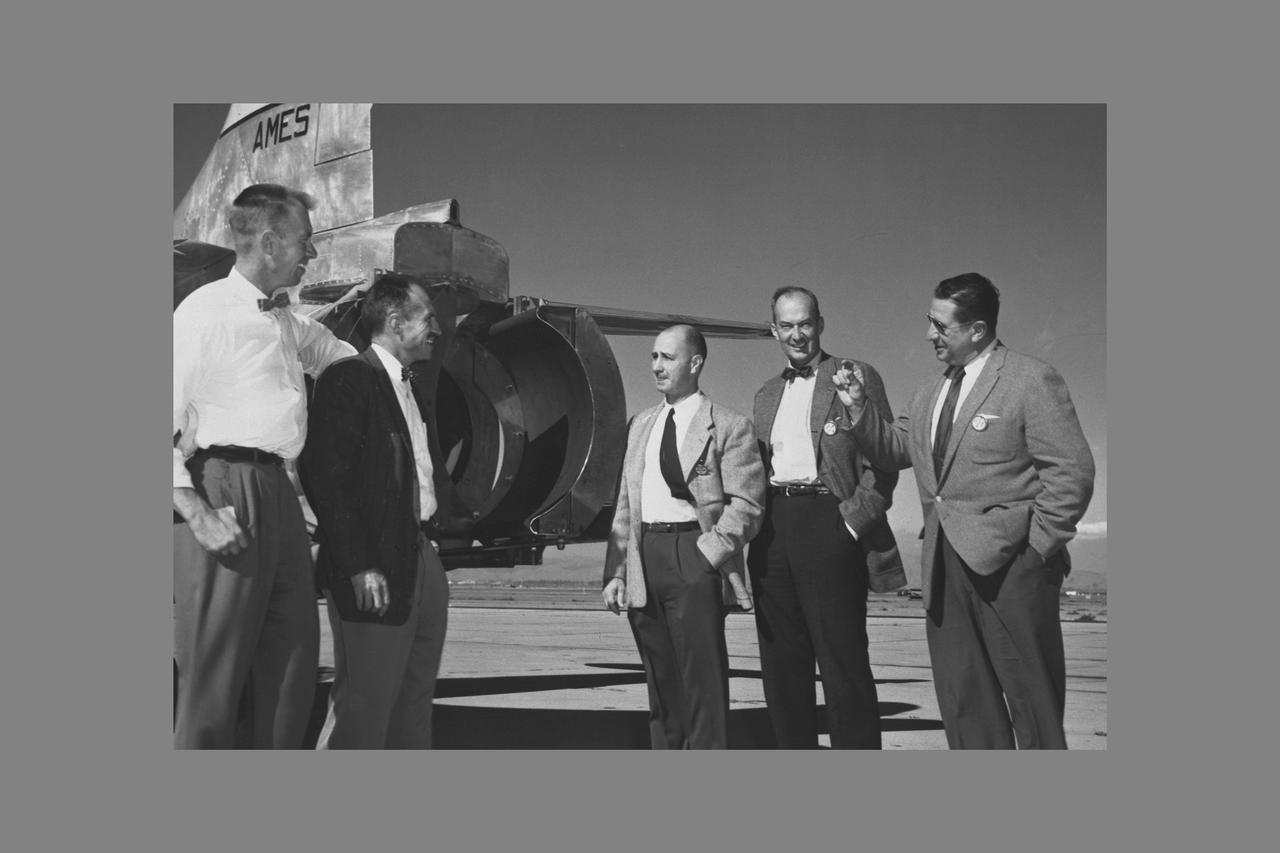 NACA AMES ENGINEERS:  Seth B. ANDERSON AND NACA AMES PILOT Gorge E. COOPER WITH W.E. RHOADES, ROBERT McIVER, MICHAEL CASSENLY OF UNITED AIRLINES.  Visit Ames to dicuss Thrust Reverser Problems.