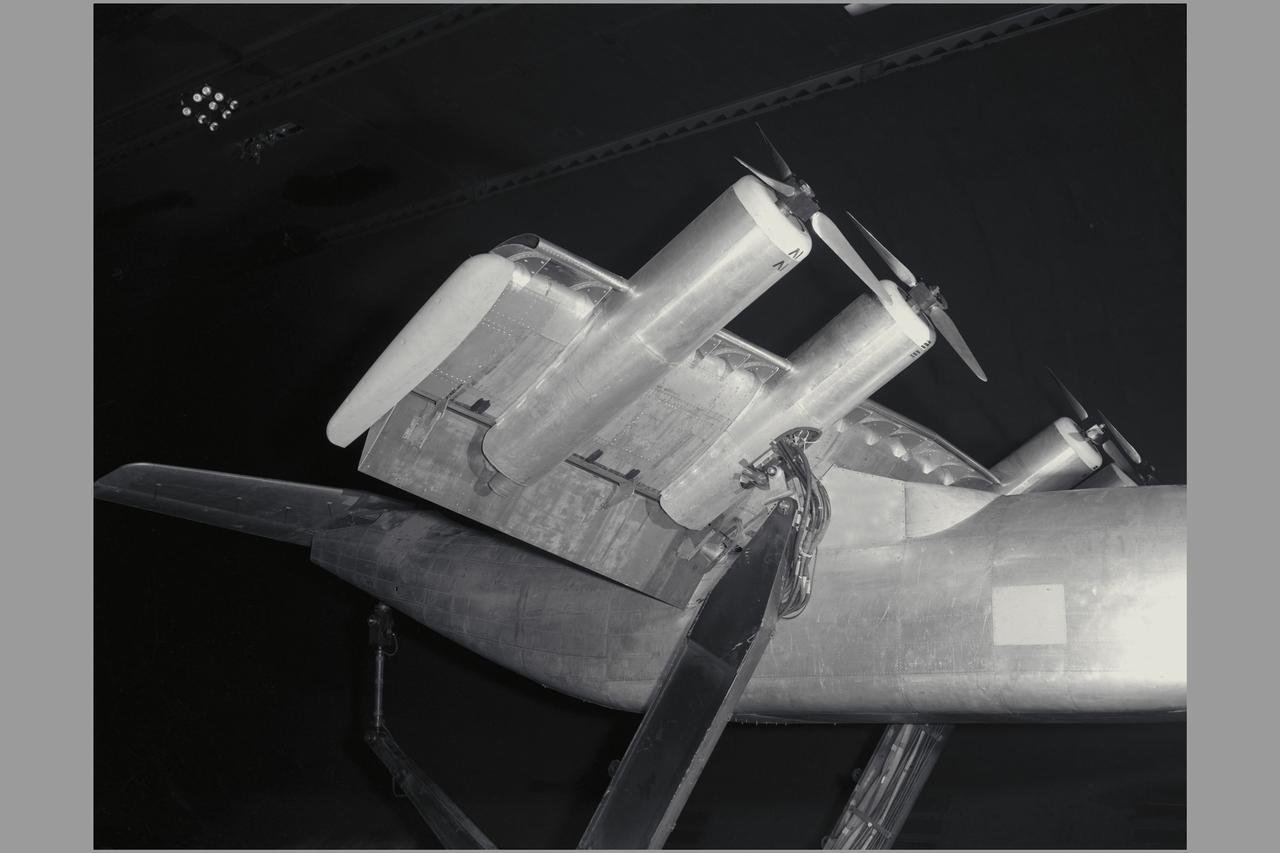 Tilt-Wing Propeller model with blowing flaps in 40x80ft w.t.