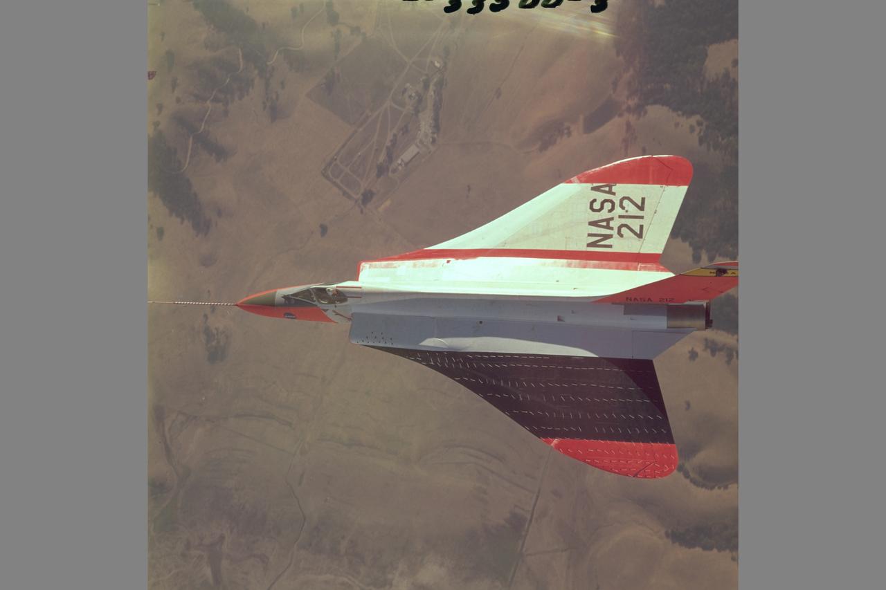 Douglas F5D Skylancer fighter modified with ogee wing planform designed for Mach 2 flight. Shown is the effect of vortex flow on wing tuft alignment in low-speed,  high angle-of-attack flight.