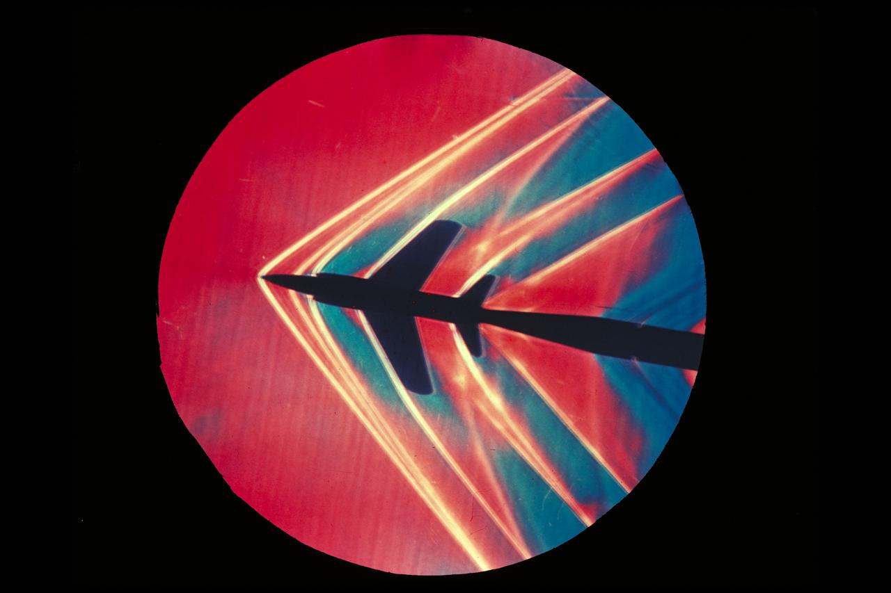 Schilieren of F11F-1 Tiger at Mach 1.4 in the 1x3ft. w.t.